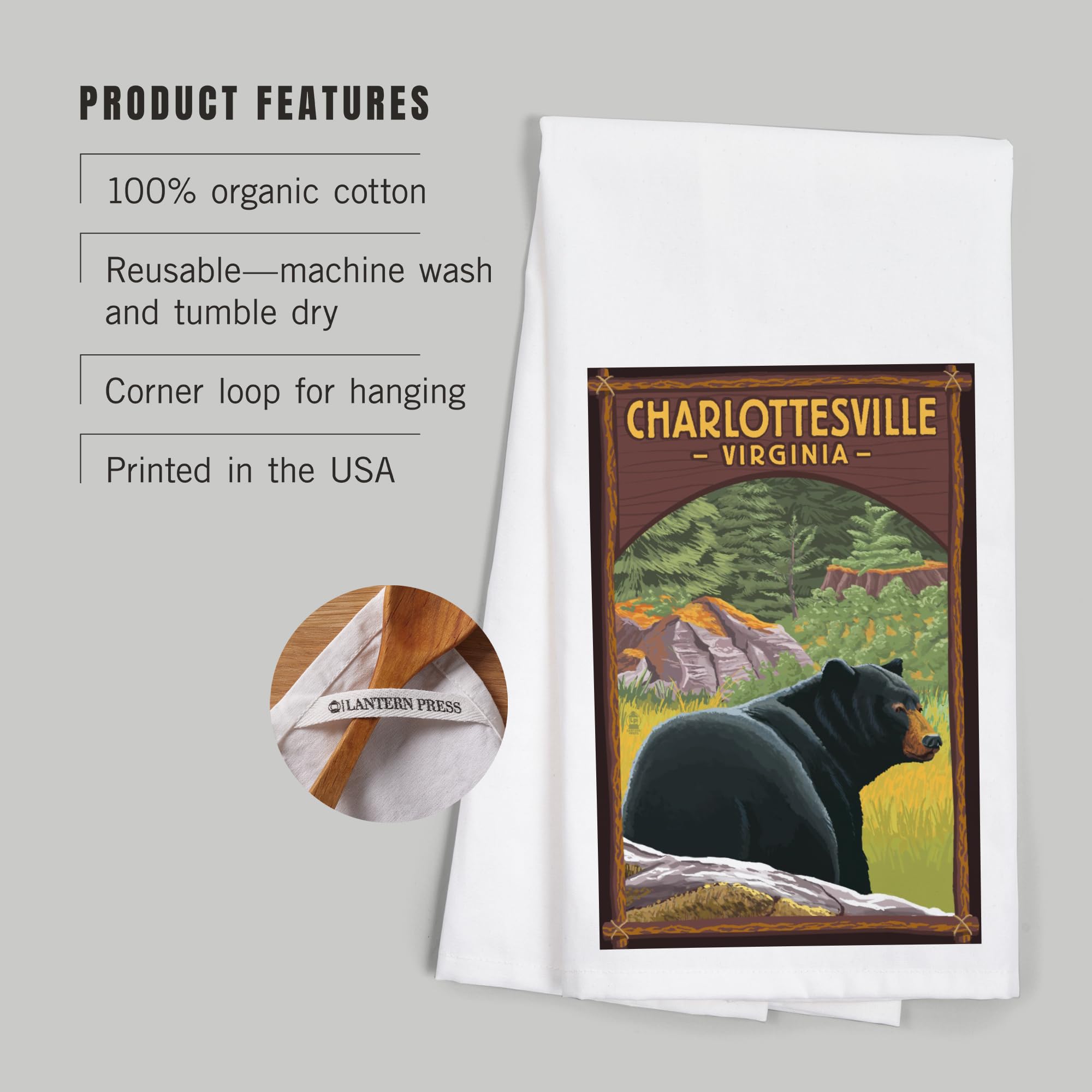 Lantern Press Charlottesville Virginia Black Bear in Forest 100% Cotton Tea Towel - Decorative Kitchen Hand Towel for Home Decor & Dish Drying - Perfect for Rustic Cabins, Farmhouse Kitchens & Nature Lover Gifts
