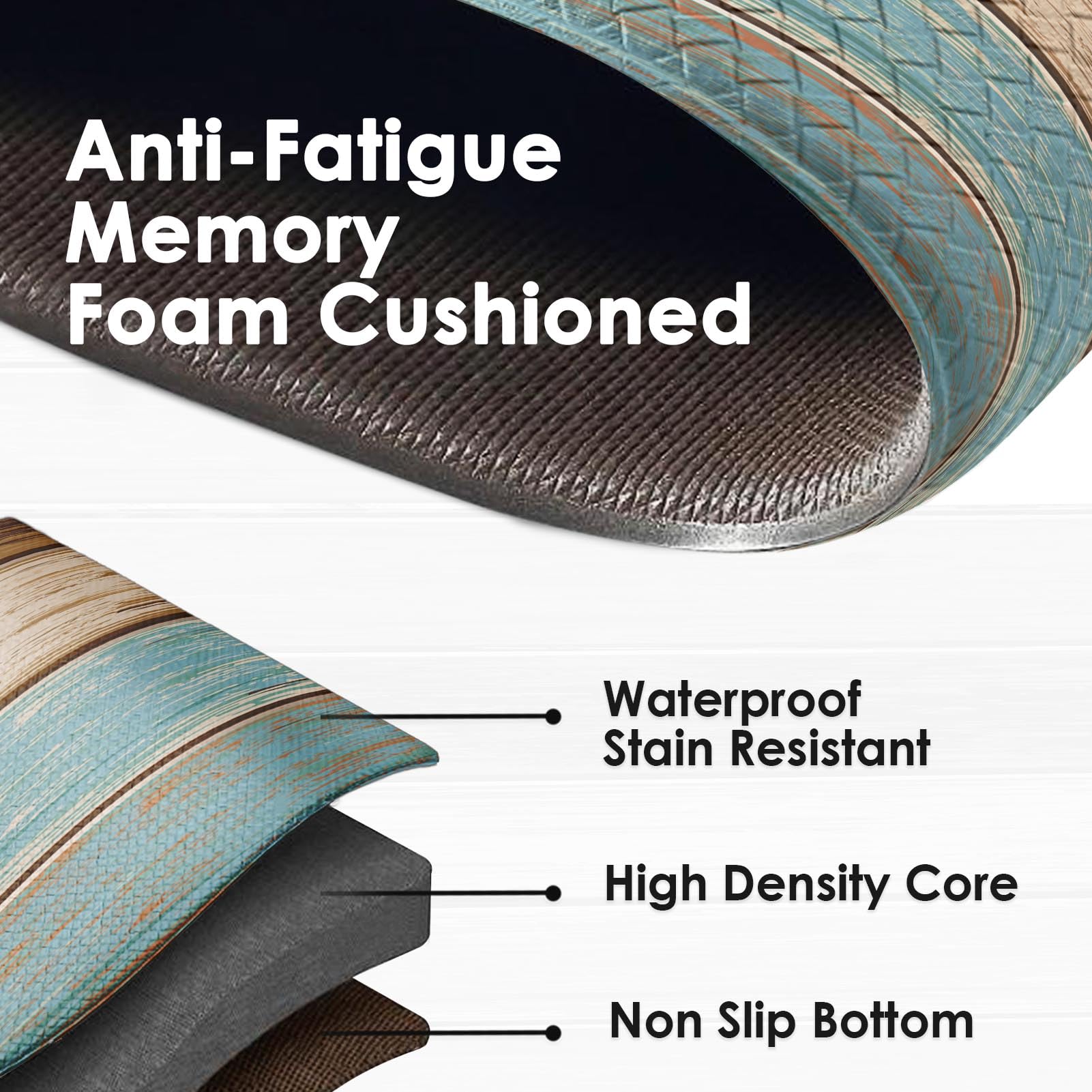 Anti-Fatigue Kitchen Rug Set of 2 - Cushioned Teal & Brown Floor Mats for Standing Comfort, Waterproof Non-Slip PVC Foam - Perfect for Kitchen, Office, or Laundry Room