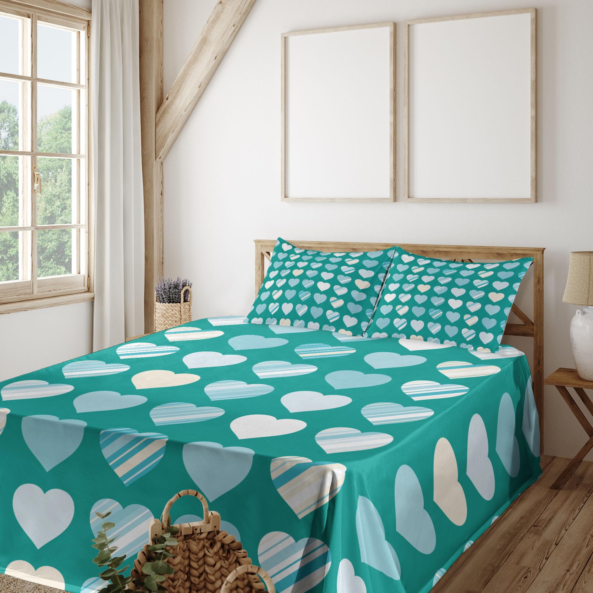 Ambesonne Romance 4-Piece Sheet Set - King Size, Jade Green Seafoam Cream with Heart Lovers Design, Fitted & Flat Sheets + Pillowcases | Soft Bedding for Couples, Valentine's Gift, Master Bedroom Decor