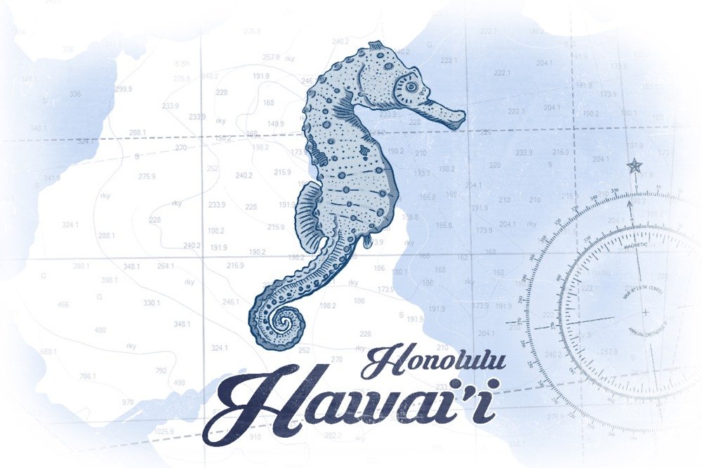Signed Seahorse Art Print - Blue Coastal Icon Wall Decor Poster (24x36) | Hawaii & Ocean Theme for Home, Office & Beach House