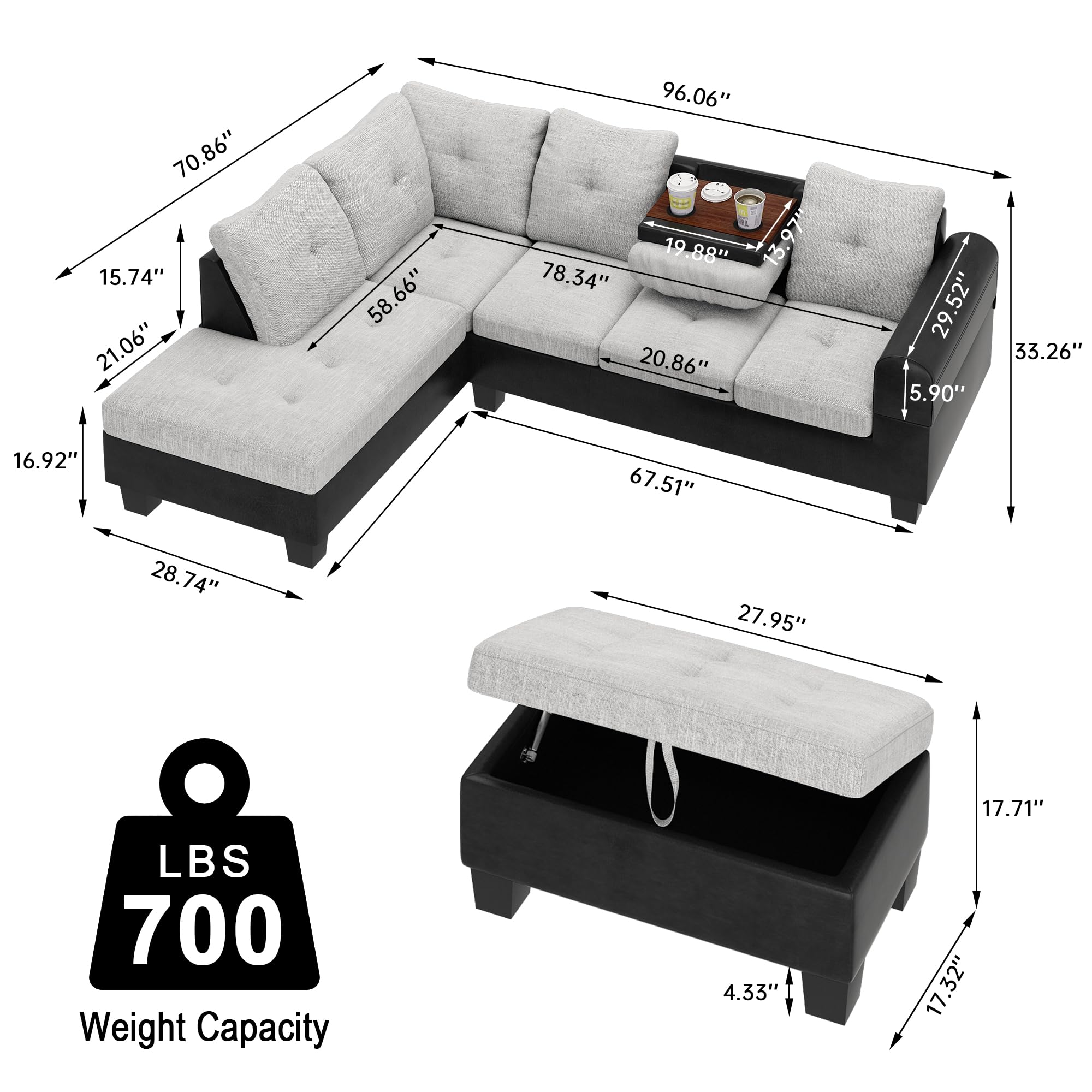 Lamerge Modern Modular Sectional Sofa Set - 6-Seat L-Shaped Couch with Ottoman & Wide Chaise | Contemporary Living Room Furniture for Apartments & Small Spaces | Perfect for Family Gatherings & Movie Nights
