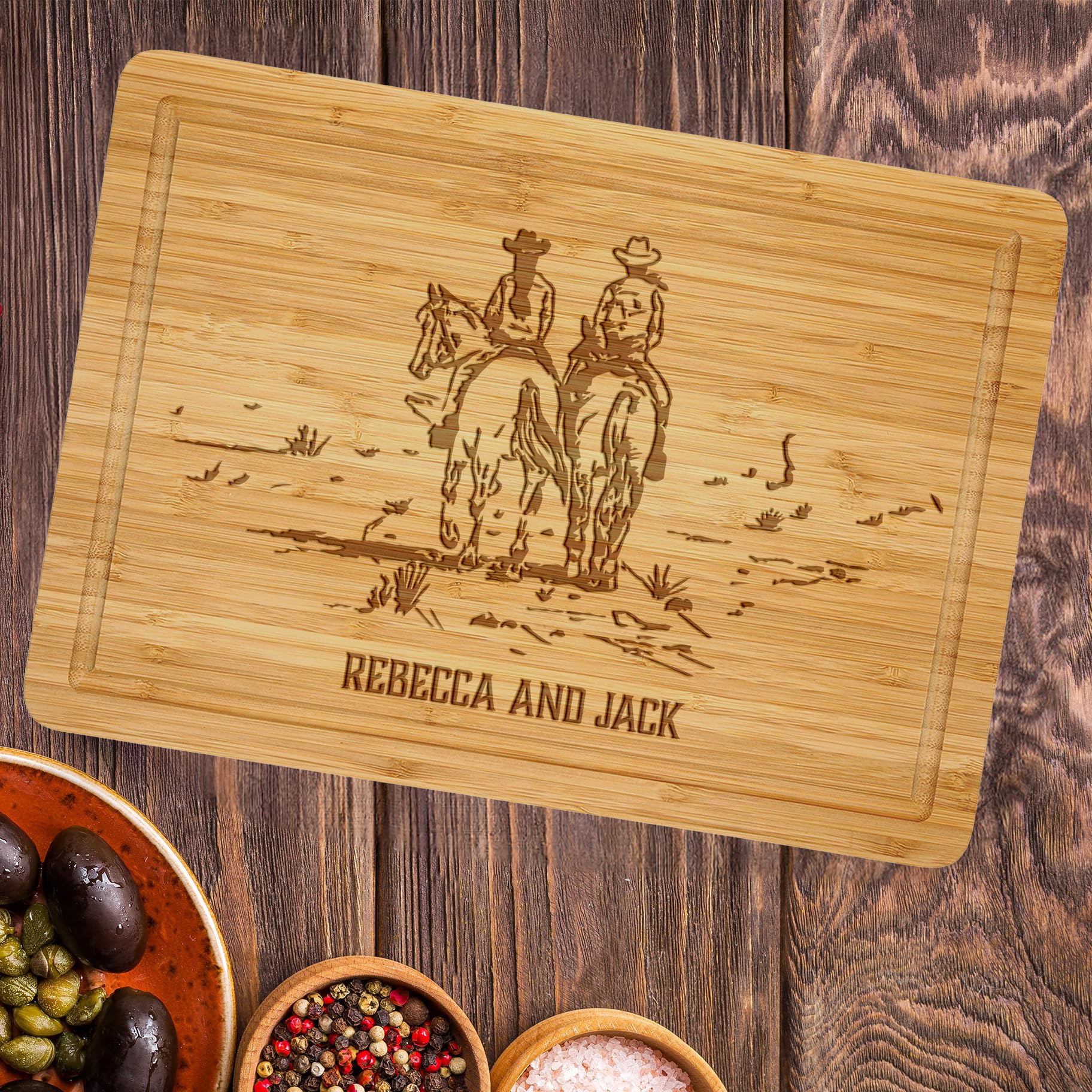 Personalized Cowboy & Cowgirl Wooden Cutting Board - Custom Engraved Charcuterie & Cheese Serving Board - Western Style Kitchen Gift for Valentine's Day, Housewarming & BBQ Parties - Perfect for Entertaining, Charcuterie Displays & Rustic Kitchen Decor