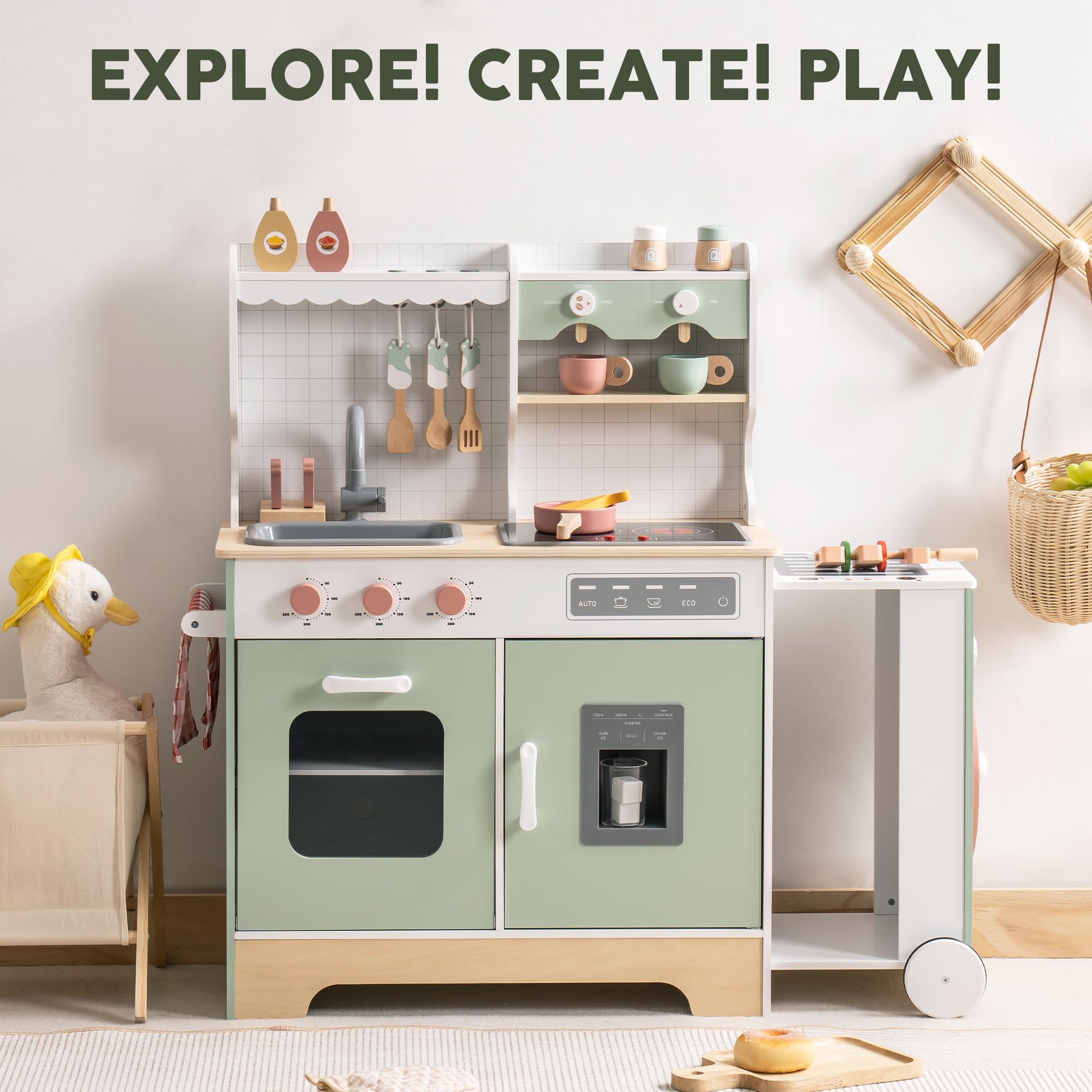 ROBUD Wooden Play Kitchen Set for Kids & Toddlers - Pretend Play Toy Kitchen with BBQ Grill, Ice Maker, Coffee Machine & Accessories - Interactive Kitchen Playset with Lights & Sounds - Perfect Gift for Boys & Girls Ages 3+ - Great for Imaginative Play, Role-Playing & Early Learning Development
