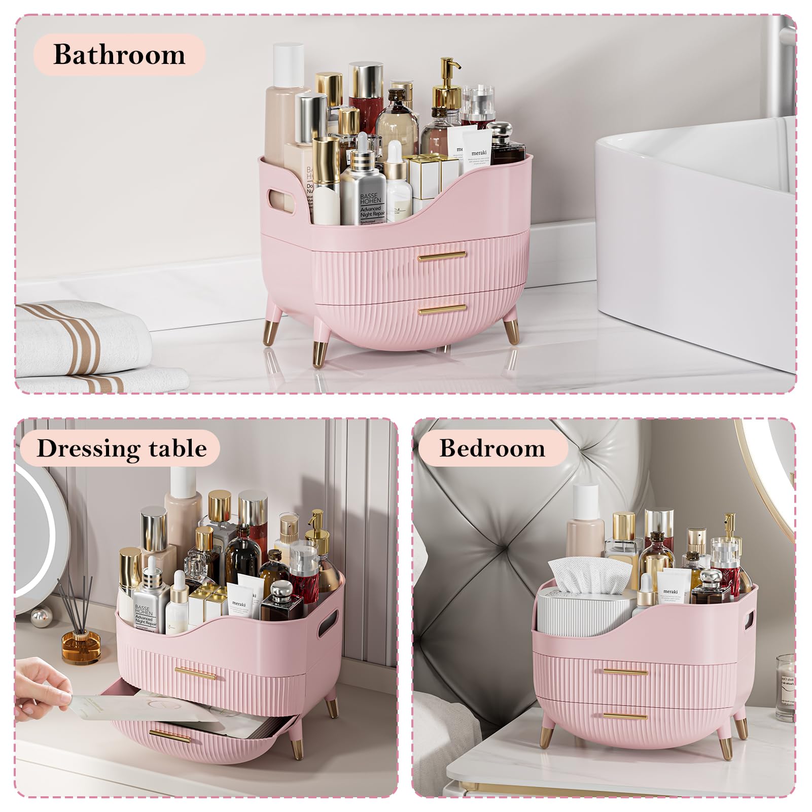 Large Capacity Makeup Organizer with 2 Drawers - Pink Cosmetic Storage Box for Vanity, Bedroom & Bathroom | Skincare & Beauty Display Case | Perfect Gift for Women | Ideal for Daily Makeup Routine & Travel Organization