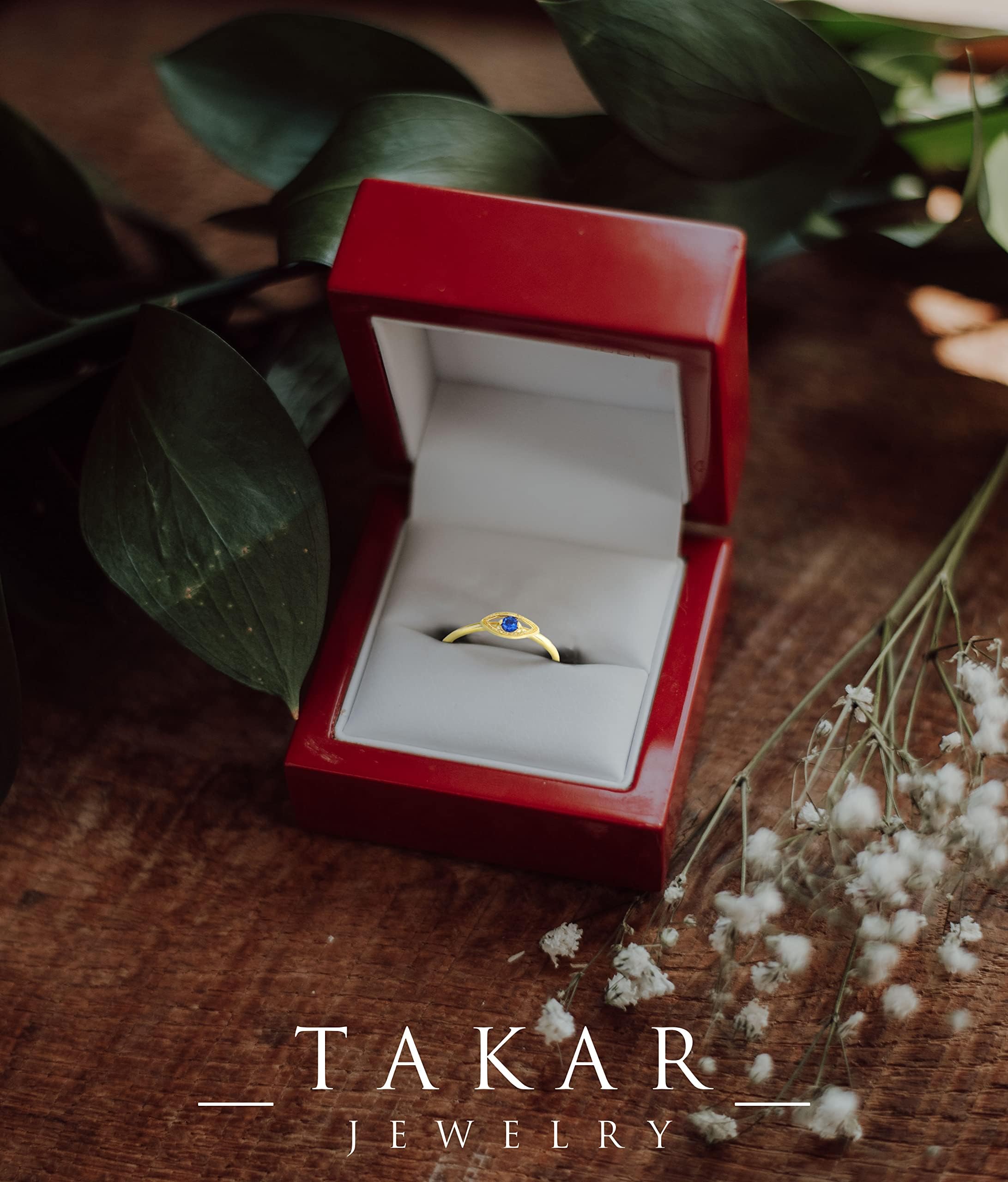 10K Solid Gold Evil Eye Ring with Round Cubic Zirconia - Rose/White/Yellow Gold Stackable Eternity Band with Blue Birthstone - Handmade USA Jewelry Gift for Women - Perfect for Protection, Spiritual Gifts & Everyday Wear
