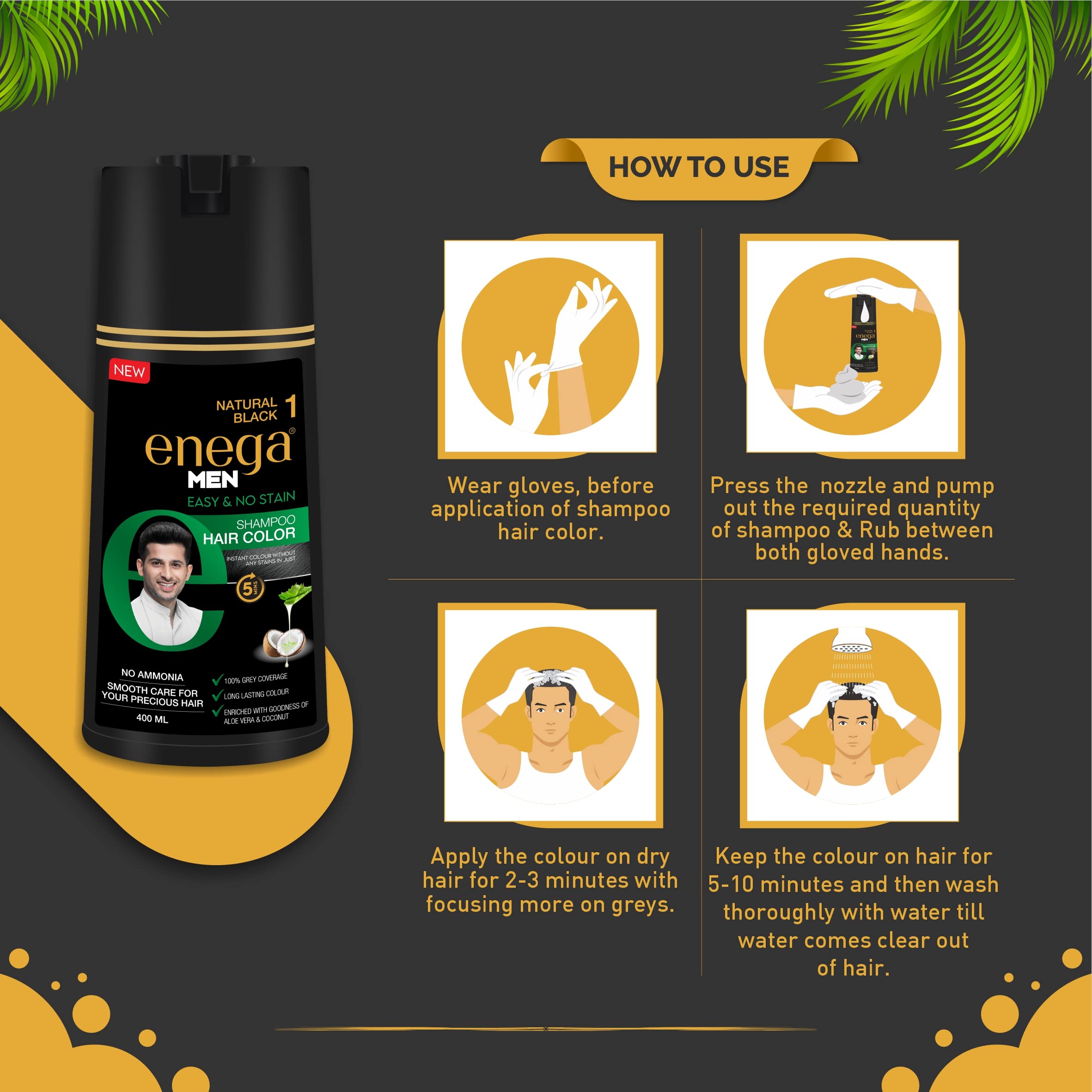 Enega Ammonia-Free Permanent Hair Color Shampoo - Natural Black for Women & Men - Long-Lasting Grey Coverage in 15 Minutes (400ml) | At-Home Hair Dye for Quick Root Touch-Ups & Full Color Refresh