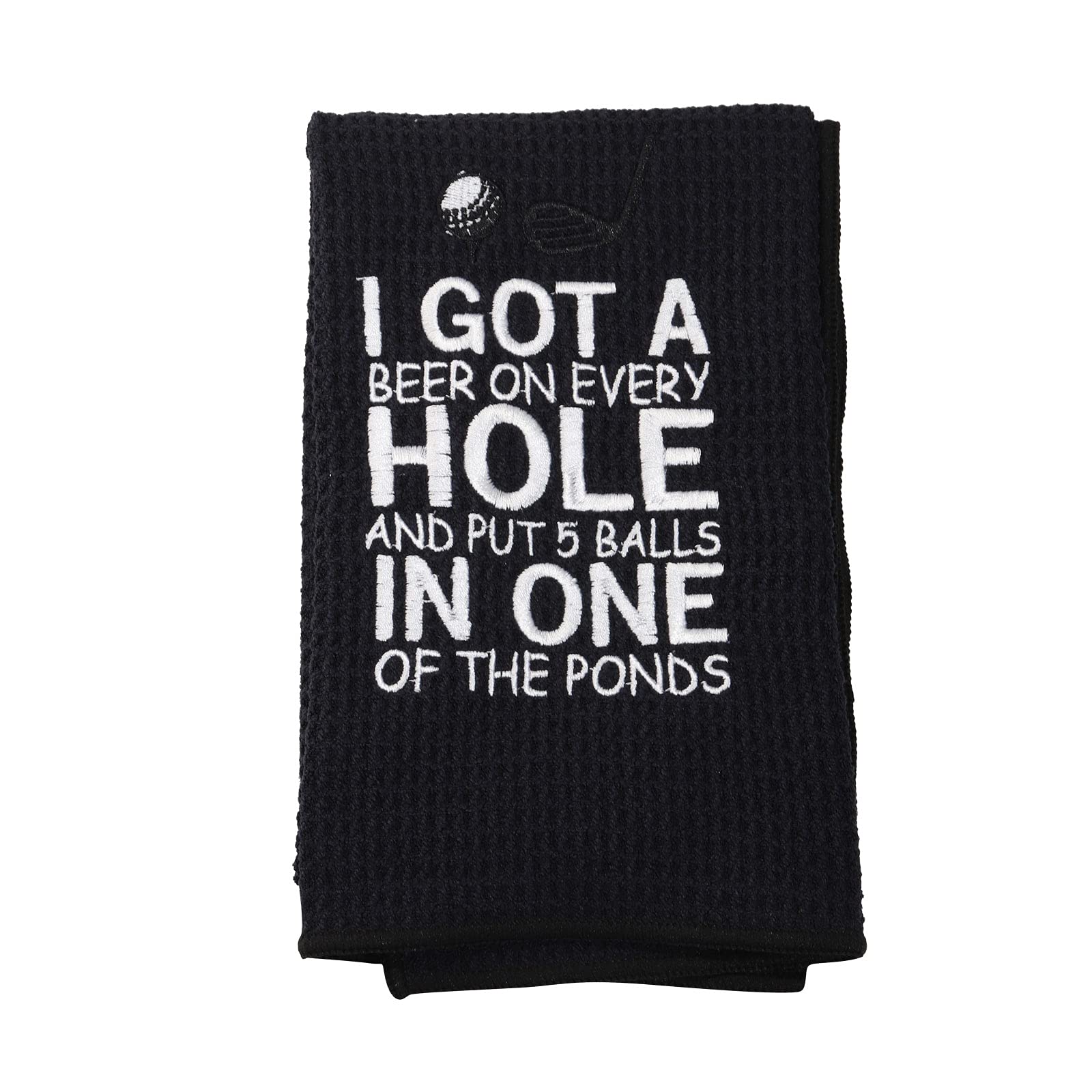 PXTIDY Funny Golf Towels for Men - 'I Got A Beer On Every Hole' Embroidered Golf Towel with Clip - Perfect Gift for Golf & Beer Lovers (Black) - Great for Golf Courses, Driving Ranges & Sports Events