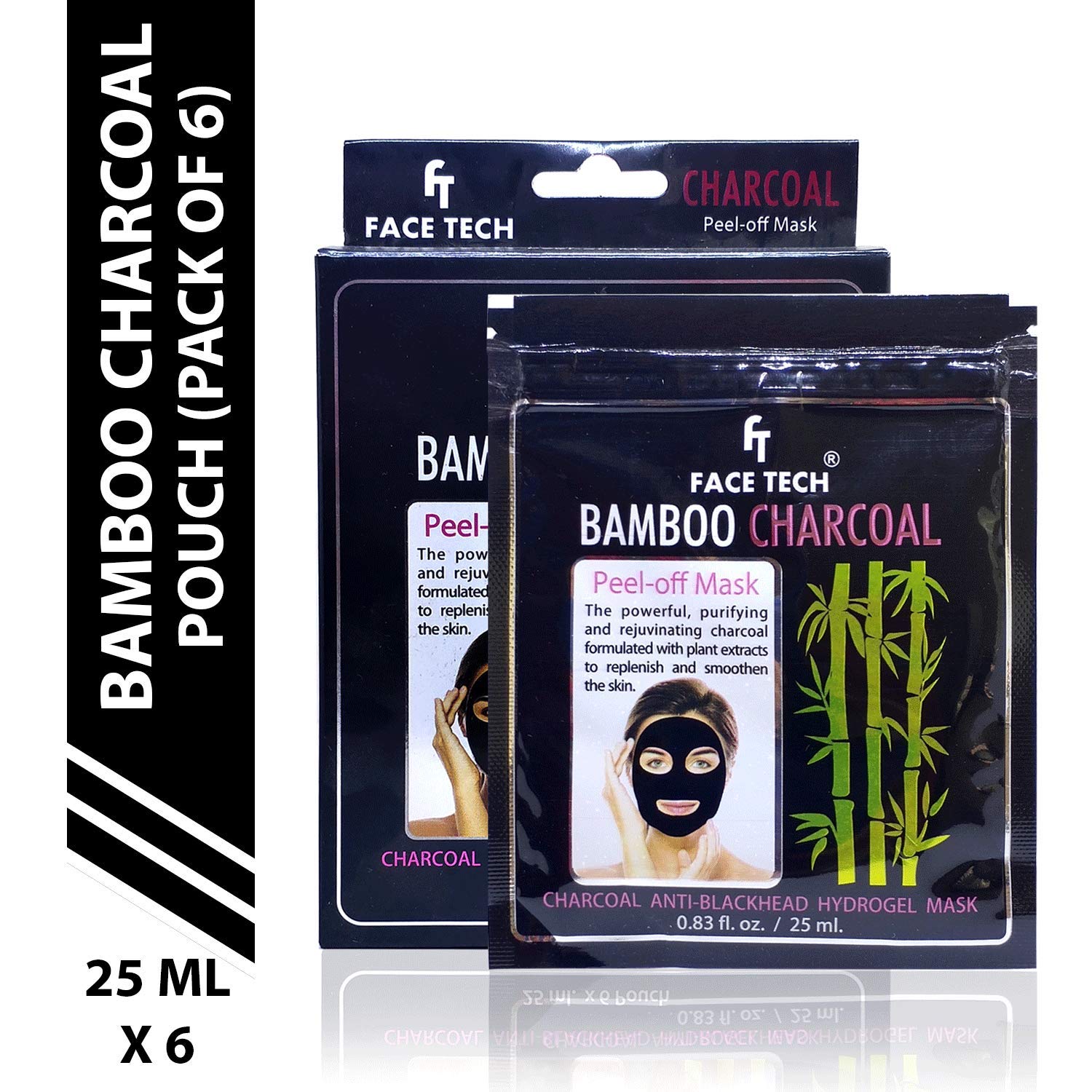 FaceTech Bamboo Charcoal Peel Off Mask - Deep Cleansing Blackhead Remover & Pore Minimizer (6-Pack Pouch) | Perfect for Acne-Prone Skin & Blackhead Removal at Home Spa Days