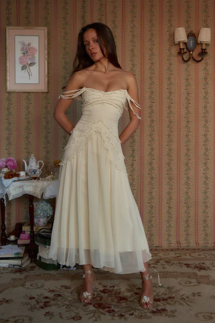 Elegant Off-the-Shoulder Beige Prom Dress with Ruffle Chiffon - Formal Evening Gown for Homecoming, Wedding & Special Occasions - Style J6502