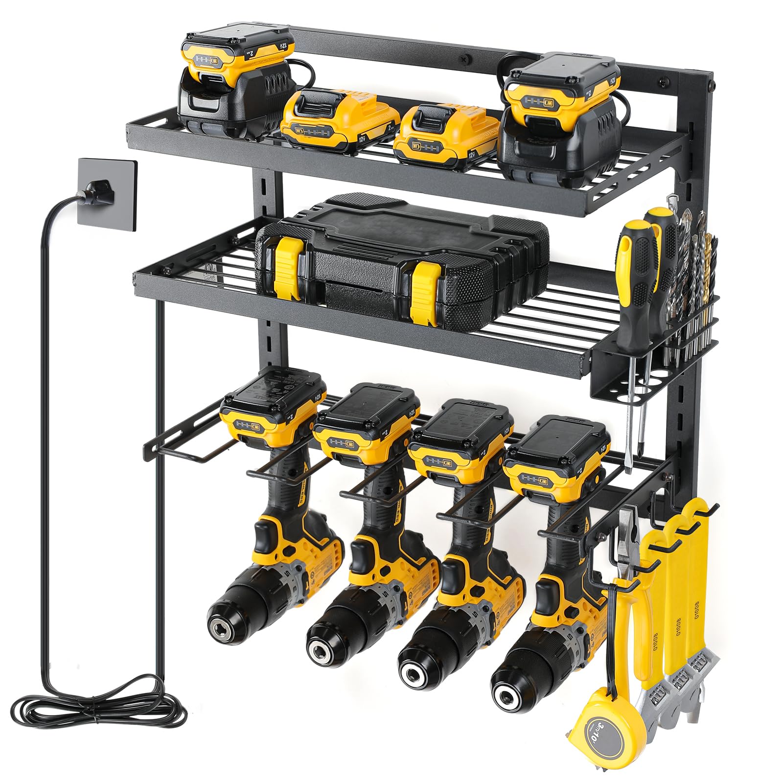 COFIT Adjustable 3-Tier Iron Power Tool Organizer with Wall Mount - Heavy Duty Drill Storage Rack & Charging Station for Garage Workshop | Perfect for DIY Projects, Home Improvement & Professional Tool Organization