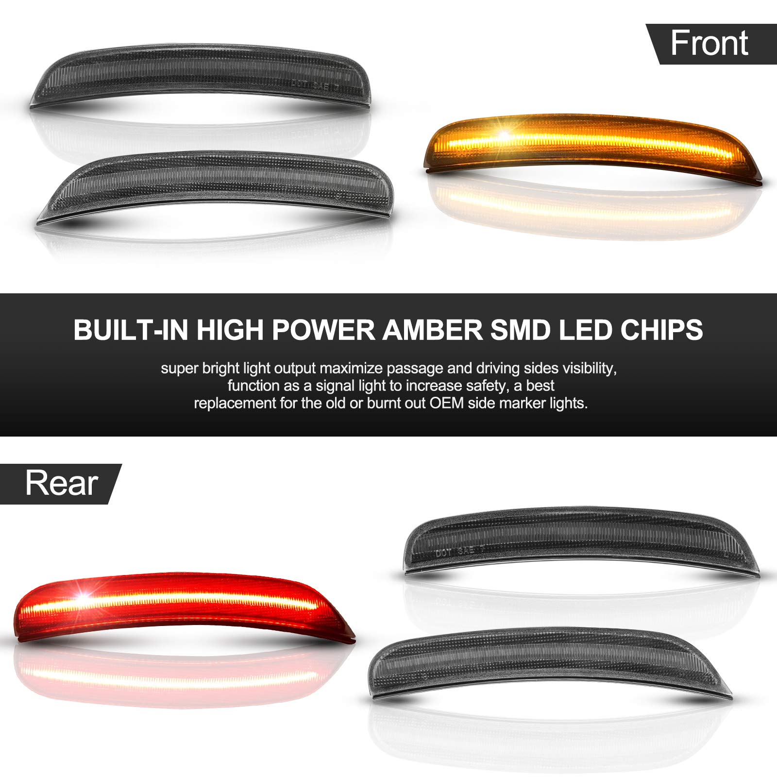 Smoke Black LED Side Marker Lights Assembly for Dodge Charger 2015-2022 - Front Amber & Rear Red Bumper Reflectors (4PCS) - Perfect for Night Driving & Custom Car Styling