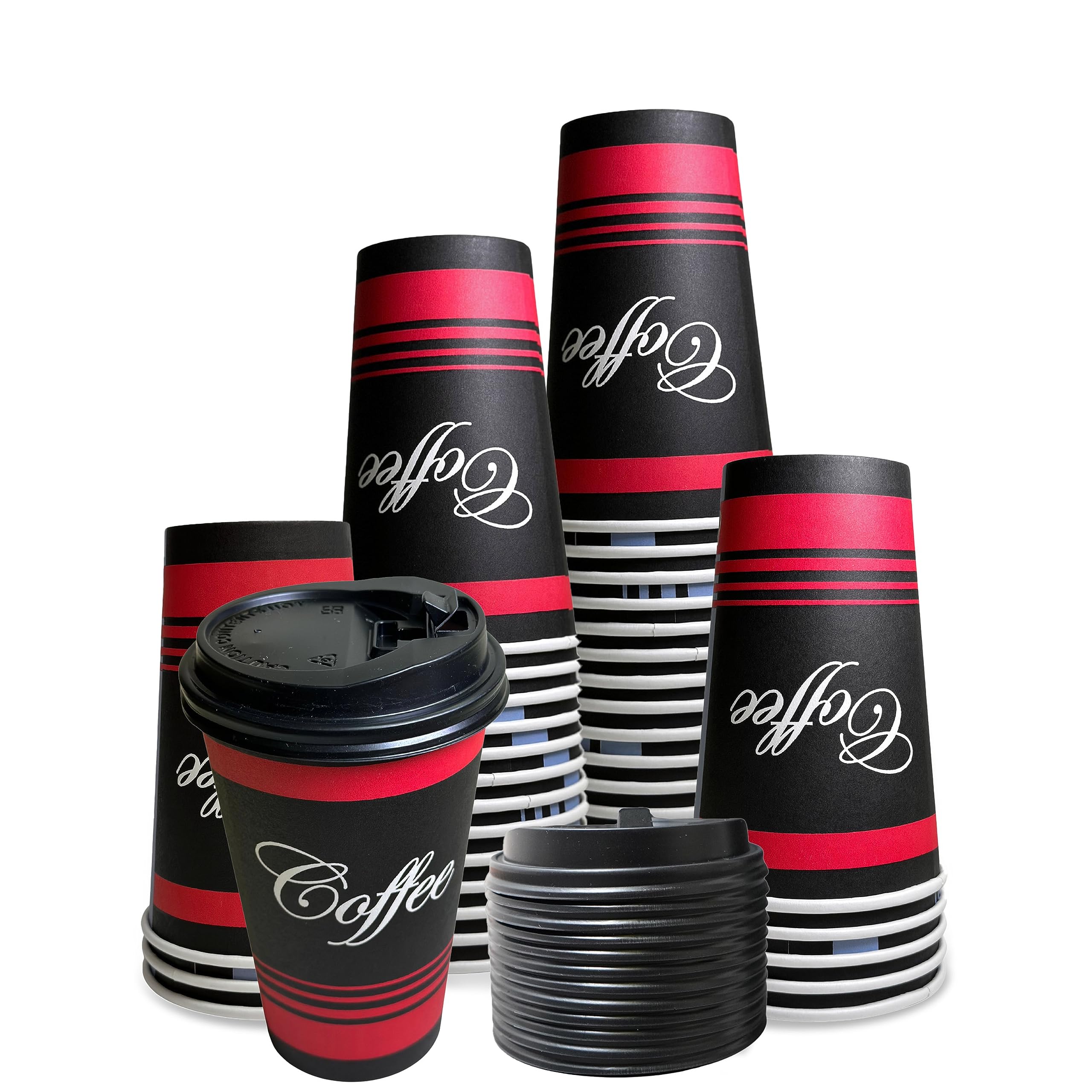 EcoQuality 16 oz Disposable Paper Cups with Black Dome Lids - 25 Count, Hot & Cold Drink Cups for Coffee, Tea, Cocoa - Ideal for Office, Cafes, Parties, and Travel