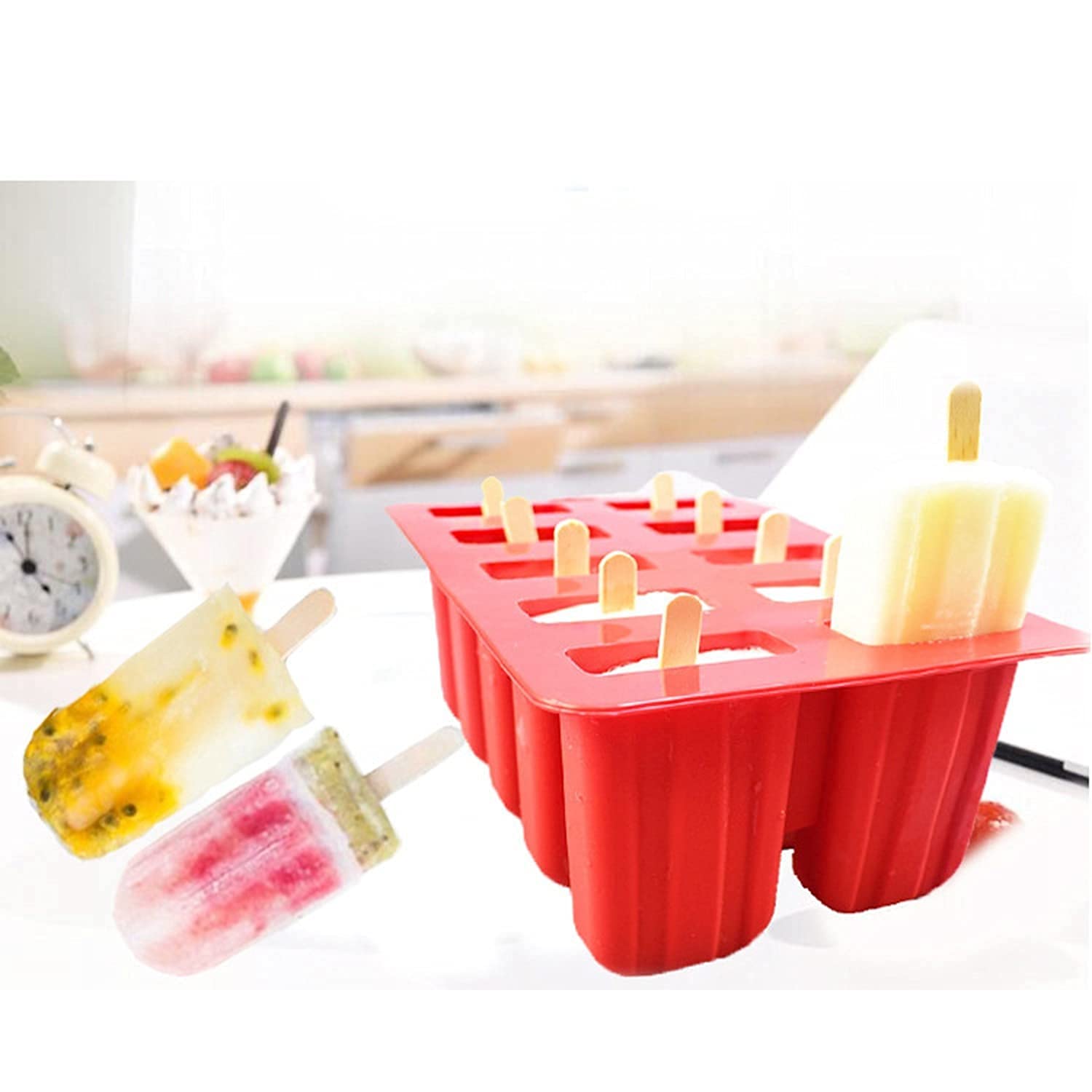 Premium Silicone Ice Molds Set - 10 Popsicle Shapes with 62 Wooden Sticks, BPA-Free Food Grade for Ice Cream, Yogurt & DIY Frozen Treats - Perfect for Summer Parties, Kids Snacks & Healthy Desserts