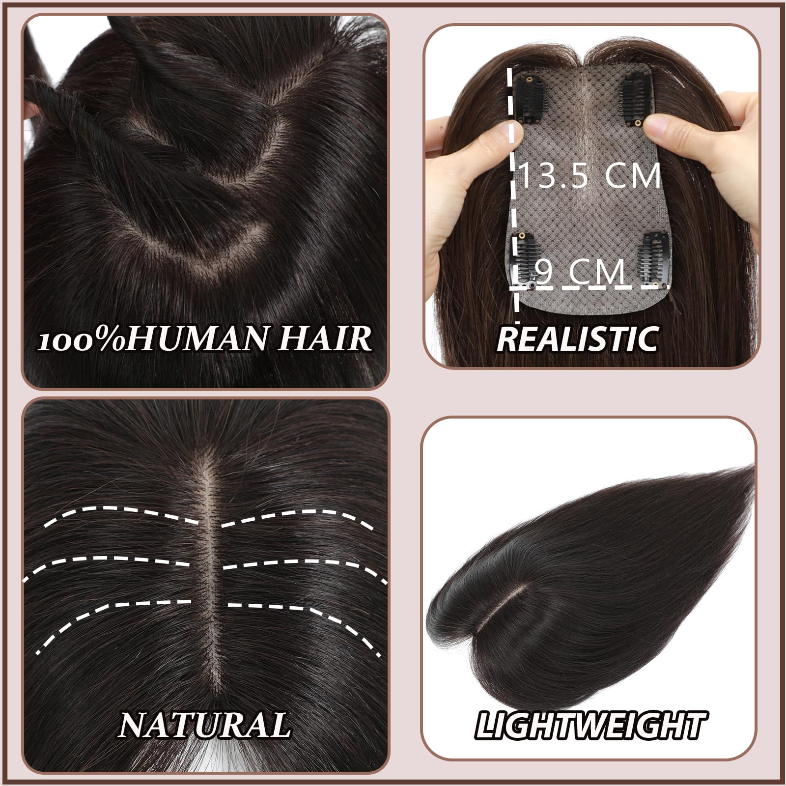 360° 3D Human Hair Toppers for Women - Real Human Hair Clip-In Bangs with Thinning Upgrade - Middle Part Hairpiece for Daily Use (Medium Dark Brown, 14 Inch) - Perfect for Thinning Hair Coverage & Natural-Looking Hairstyles