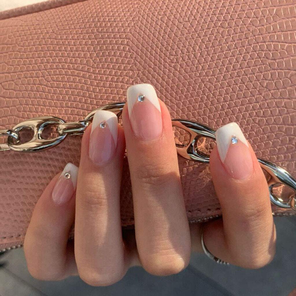 RikView 24PCS Short Square Press on Nails - French Acrylic Fake Nails with Rhinestones, Glossy White Nude Full Cover Prom Nails with Glue Sticker (A-Crystal) | Perfect for Parties, Weddings, Prom & Special Occasions