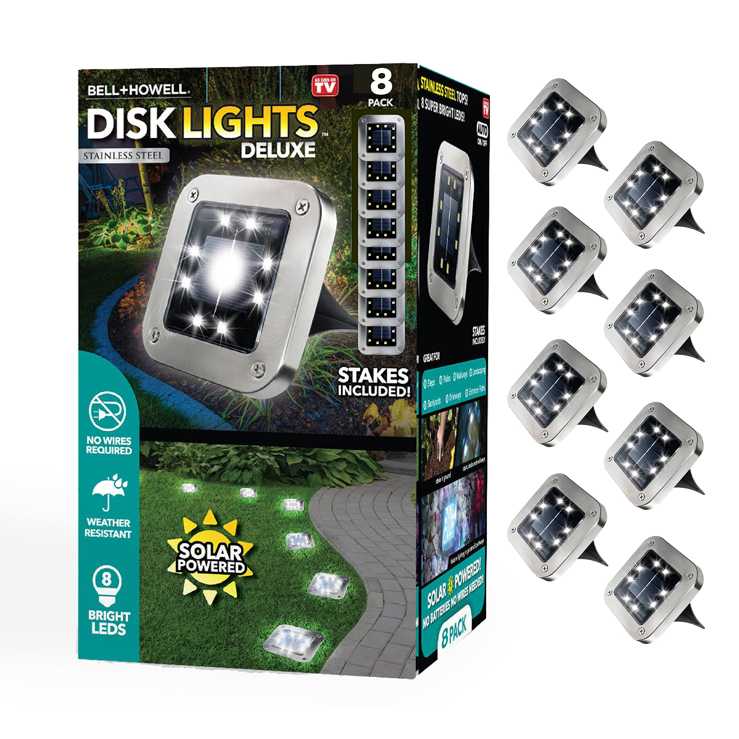 Bell+Howell Disk Lights Deluxe - 8 Pack Square Solar Outdoor Lights, Waterproof LED Landscape Lighting for Garden, Patio, Deck & Pool | Auto On/Off Solar Powered Ground Lights | Perfect for Pathway, Driveway & Backyard Decoration