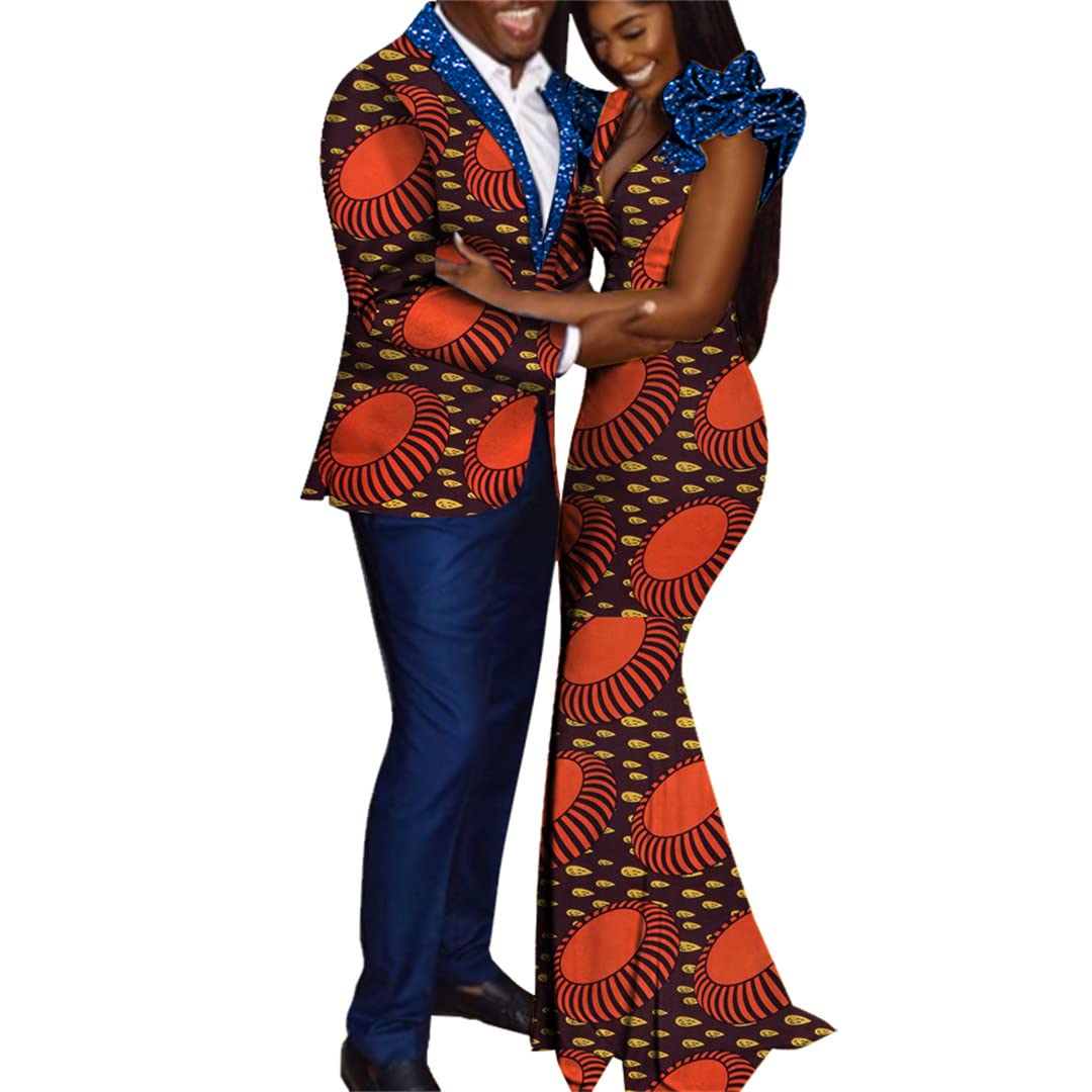 African Dashiki Couple Outfits for Lovers - Matching African Print Tops & Pants + Women's Dress Set - XXL Size 9 - Perfect for Valentine's Day, Anniversary Gifts & Cultural Celebrations