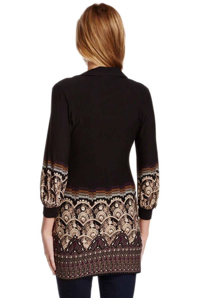 OLIAN Maternity Women's Arabesque Print Collared Tunic Top - Small Black - Comfortable Pregnancy Blouse for Work & Casual Wear