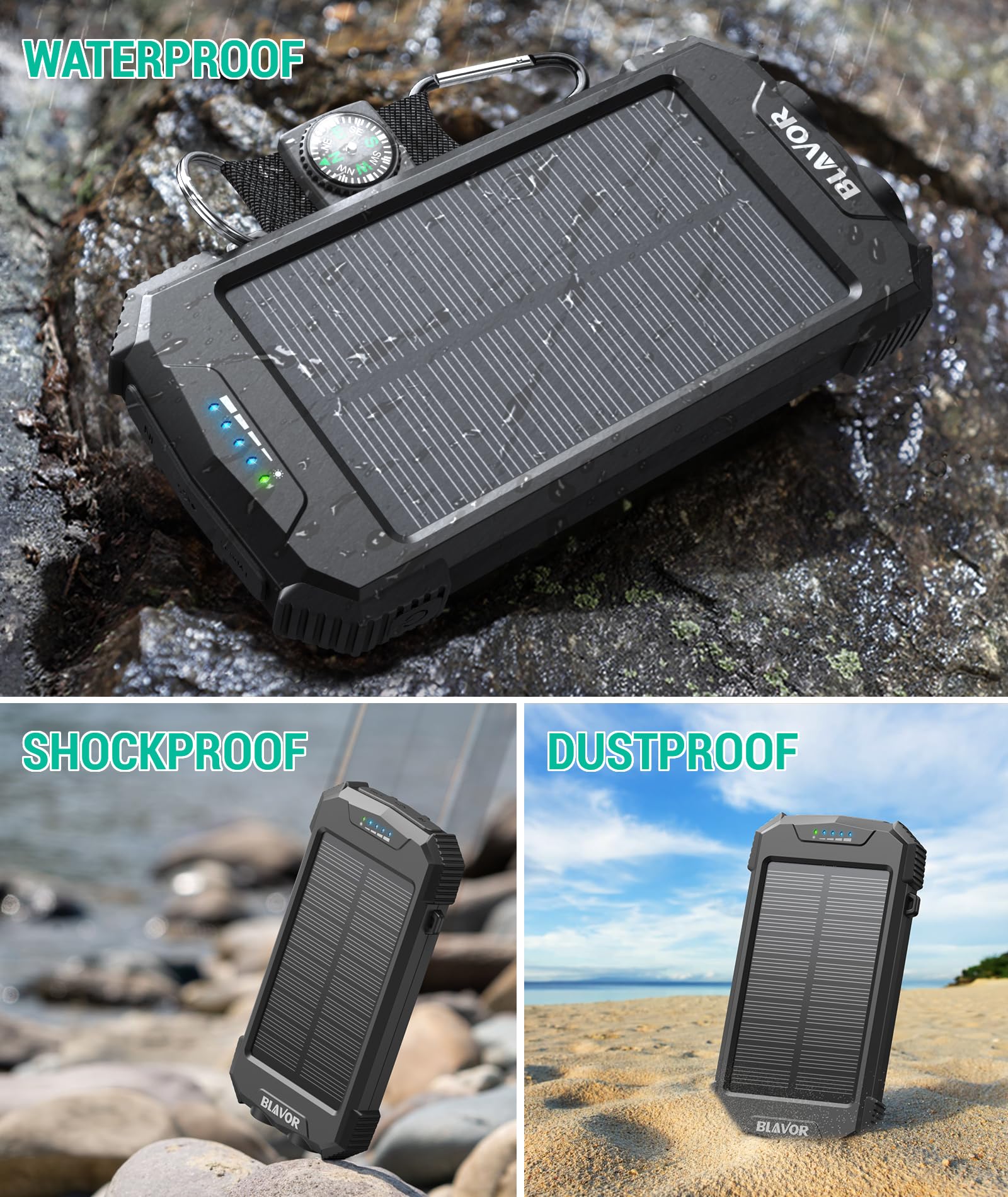 BLAVER 10000mAh Solar Power Bank with Fast Qi Wireless Charging | Portable Solar Charger for iPhone, Samsung & Tablets | USB-C & USB-A Output | Perfect for Hiking, Camping & Outdoor Adventures