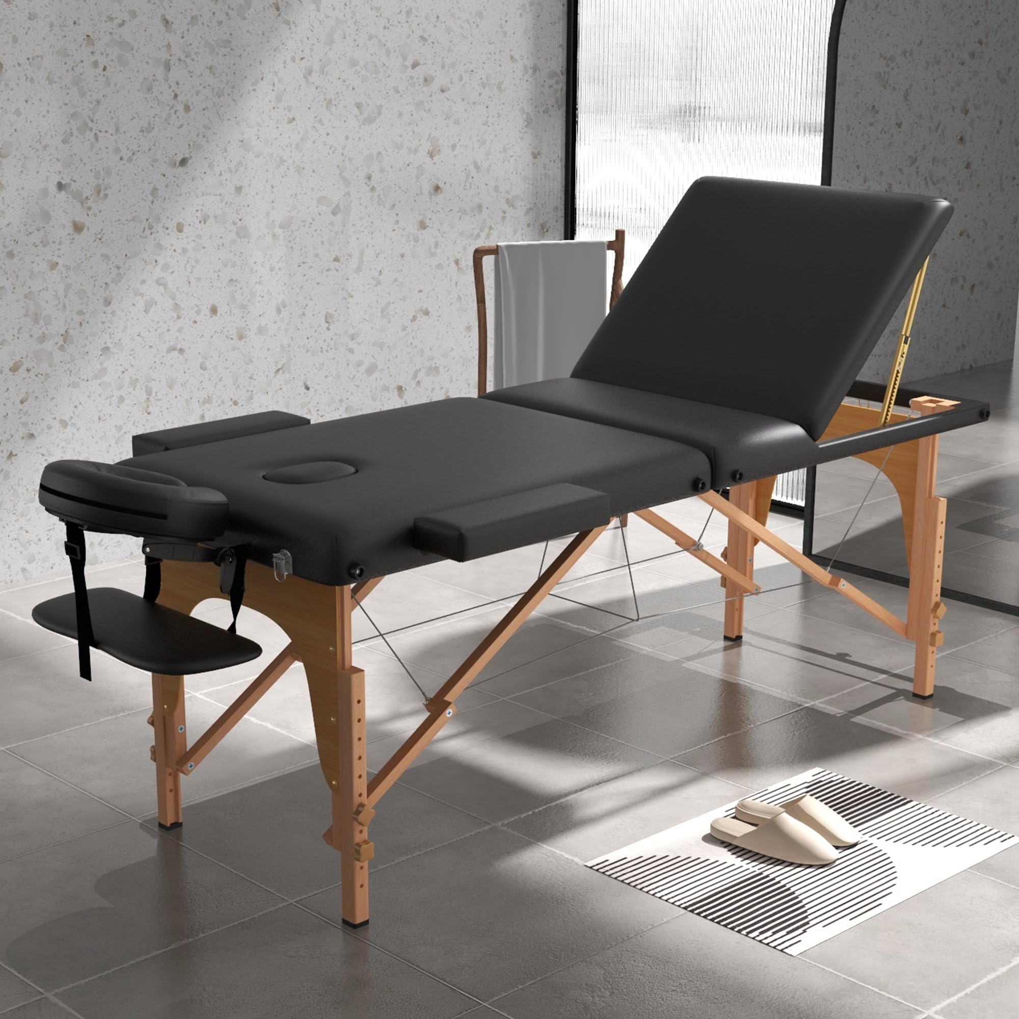 Portable 3-Section Foldable Massage Table - Adjustable Height Tattoo & Lash Spa Bed with Face Cradle - Lightweight Wood Frame Salon Bed for Home & Professional Use - Perfect for Massage Therapists, Tattoo Artists & Beauty Salons (Black)