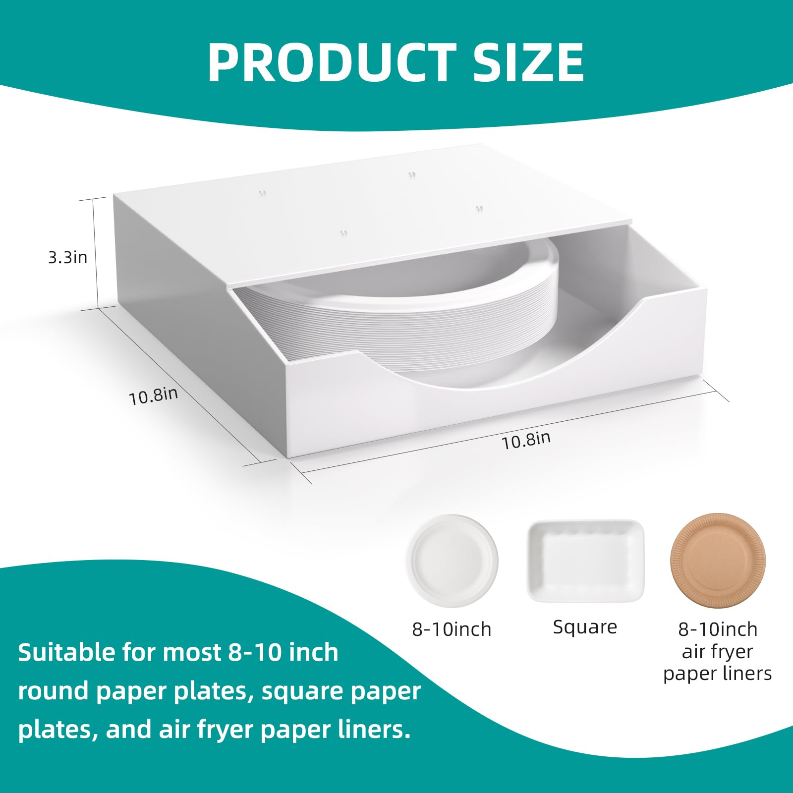 8/9/10 Inch Acrylic Paper Plate Dispenser - 4mm Thick Wall Mounted Plate Holder Organizer for Kitchen Cabinet & Countertop - Sturdy White Plate Storage for Indoor & Outdoor Dining, BBQs, Picnics & Parties