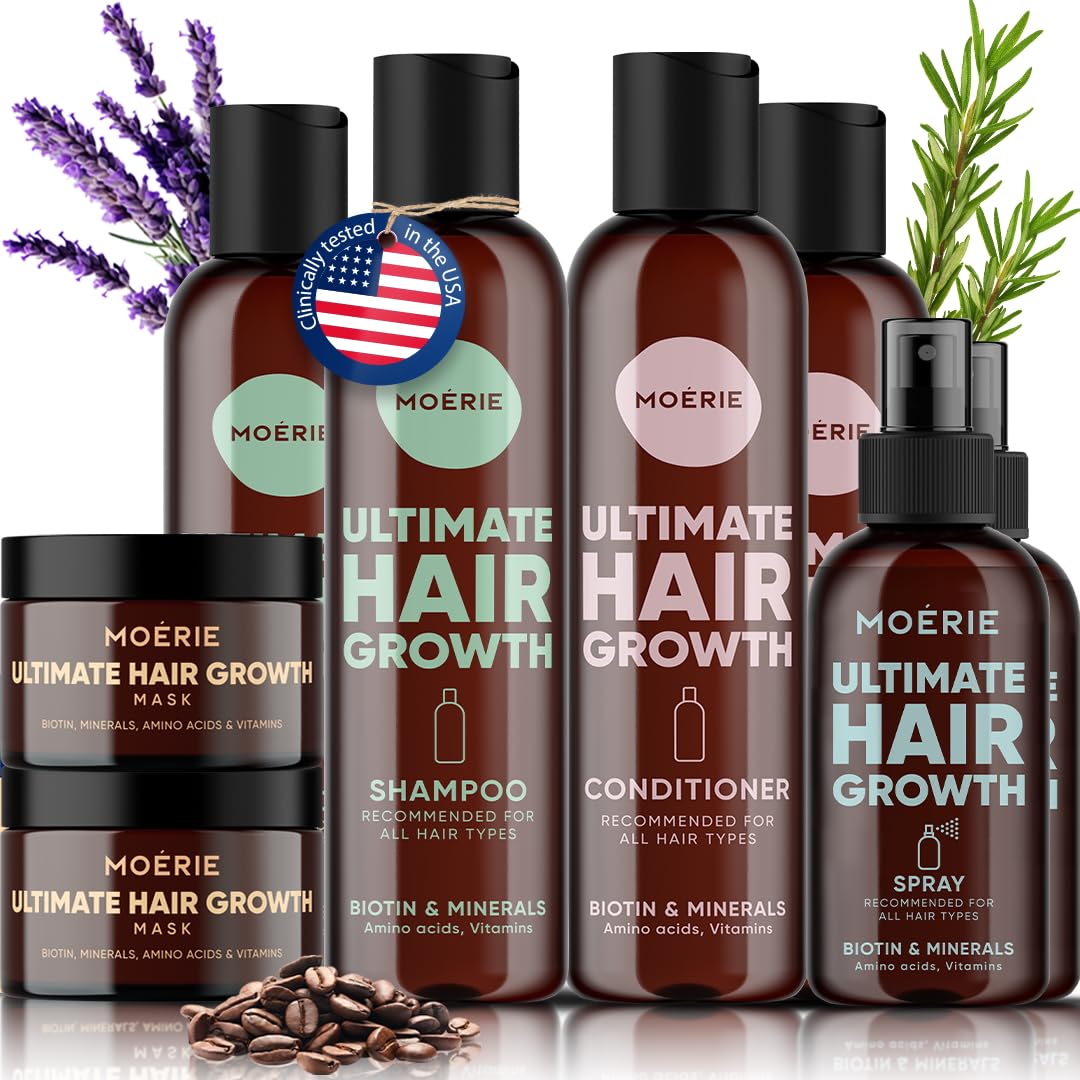 Moerie Mineral Shampoo, Conditioner, Hair Mask & Hair Spray Mega Pack - 8 Piece Vegan Hair Care Set for Longer Thicker Hair - Paraben & Silicone Free - Perfect for Daily Use, Salon Treatments & Hair Growth Routines