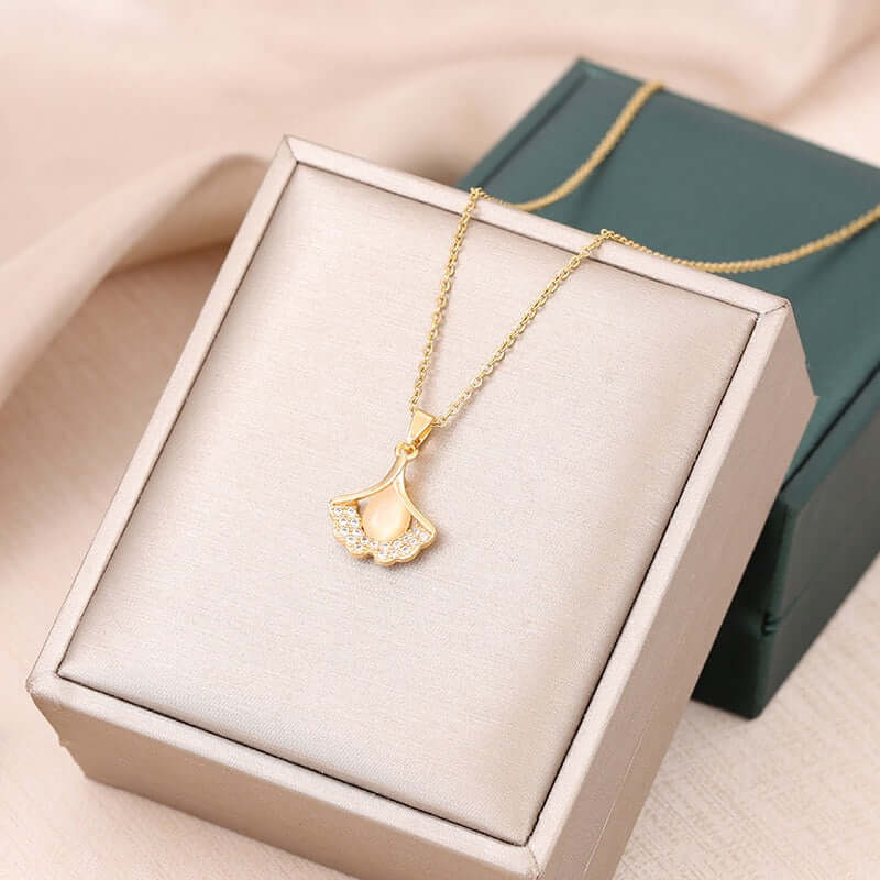Elegant Titanium Minimalist Cat's Eye Stone Ginkgo Leaf Pendant Necklace for Women | A8241 | Perfect for Daily Wear, Office, Parties & Special Occasions