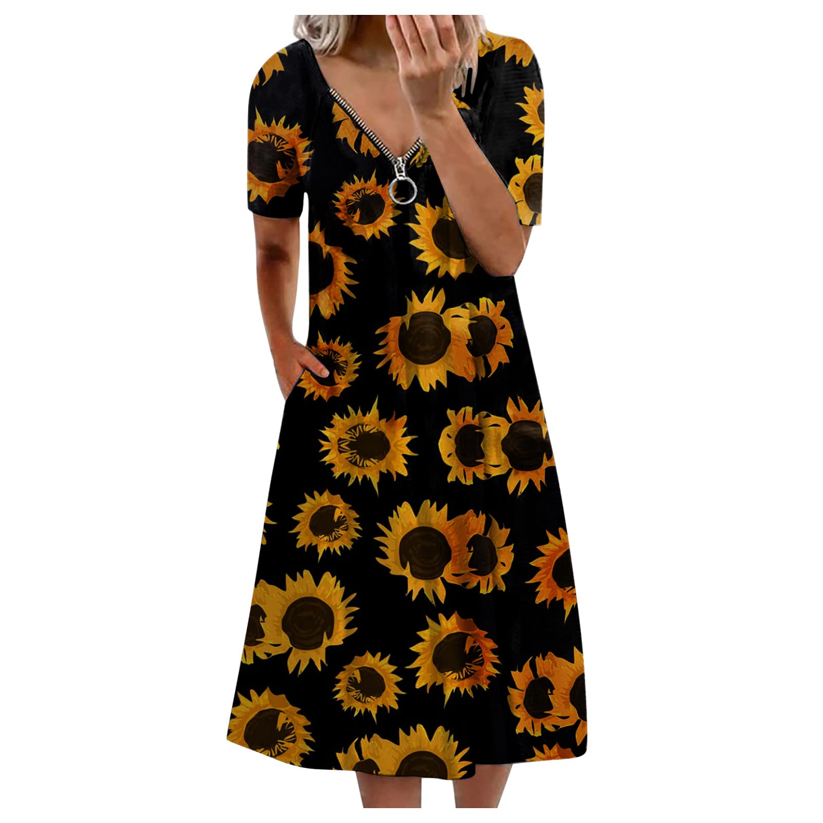Elegant V-Neck Floral Print Tea Party Dress for Women - Summer Casual Zipper Dress with Comfortable Fit | Perfect for Garden Parties, Bridal Showers & Afternoon Tea Events