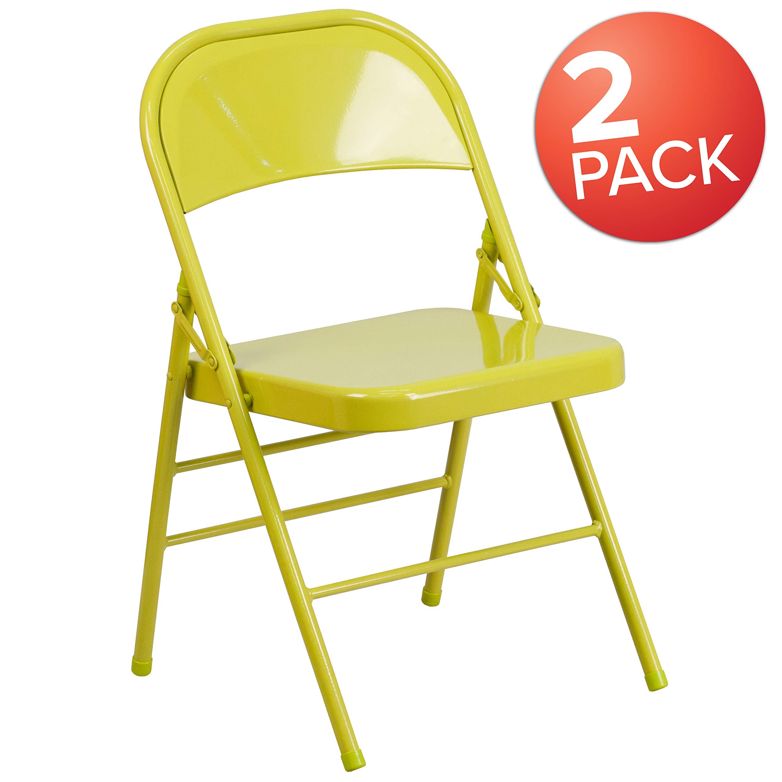 EMMA + OLIVER 2 Pack Twisted Citron Triple Braced & Double Hinged Metal Folding Chairs - Heavy Duty Outdoor & Indoor Use for Patio, Garden, Picnic, Camping, and Events