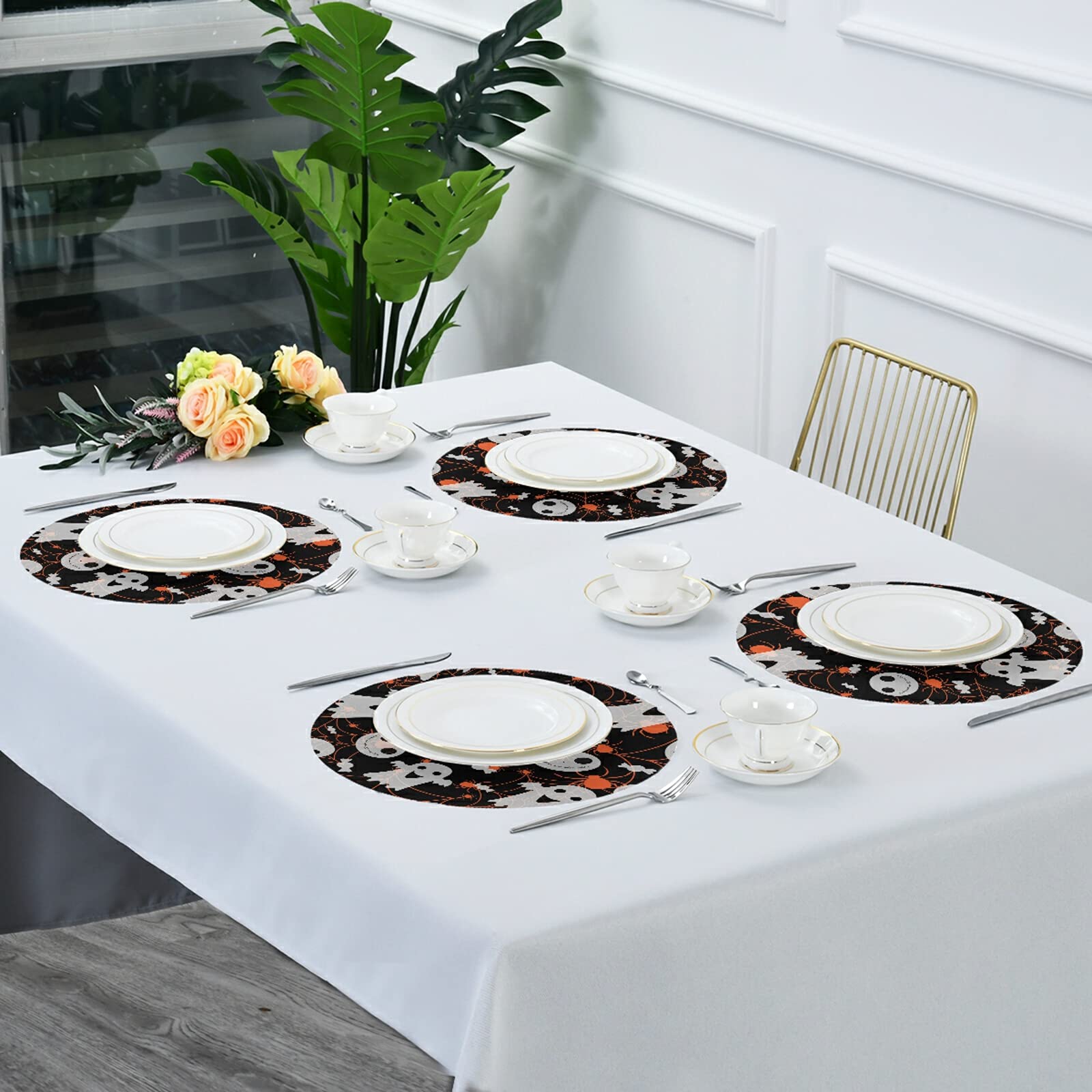 Halloween Spider Ghost Placemats Set of 6 - Washable for Kitchen Table & Party Decor