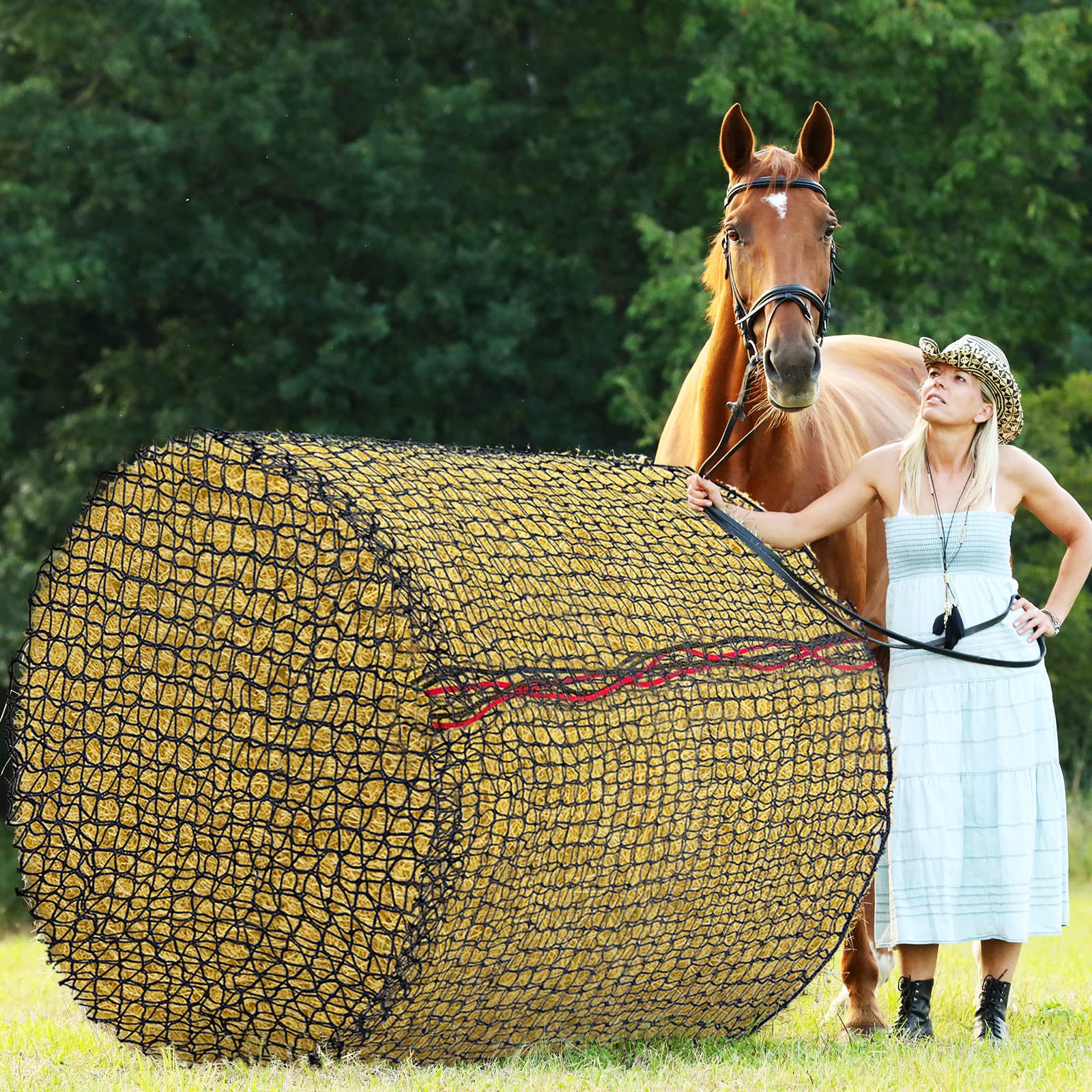 Slow Feed Hay Net for Horses, Goats & Cattle - 5mm Thick Knotless Round Bale Feeder Bag (6x6 Ft) - Durable Black Hay Bale Net for Equine Stalls, Barn Decoration & Pasture Feeding