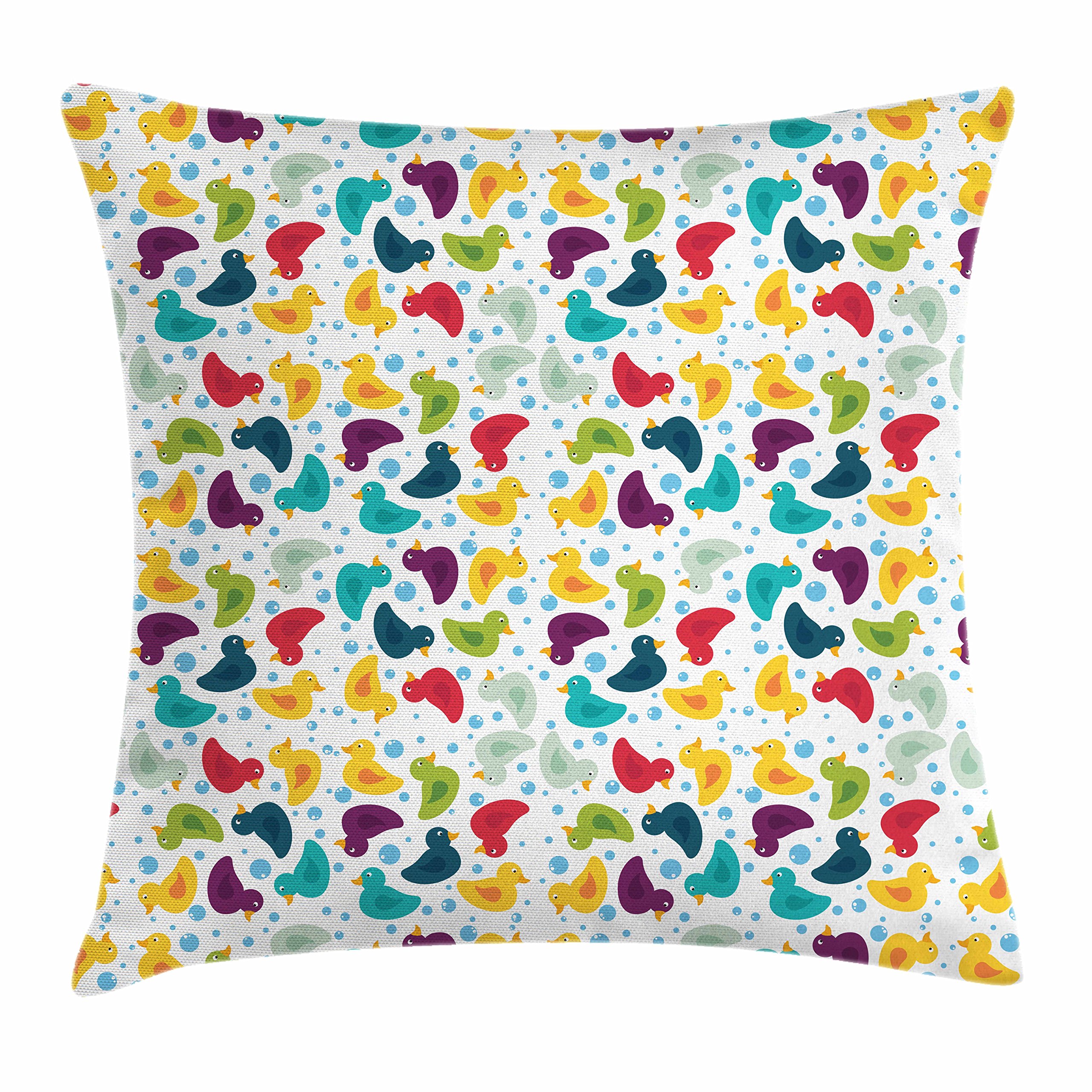 Lunarable Duckies Throw Pillow Cover 40x40 Inches - Cartoon Rubber Duck Bath Theme with Colorful Soap Bubbles Design - Decorative Square Accent Cushion Case for Living Room, Bedroom, Nursery Decor