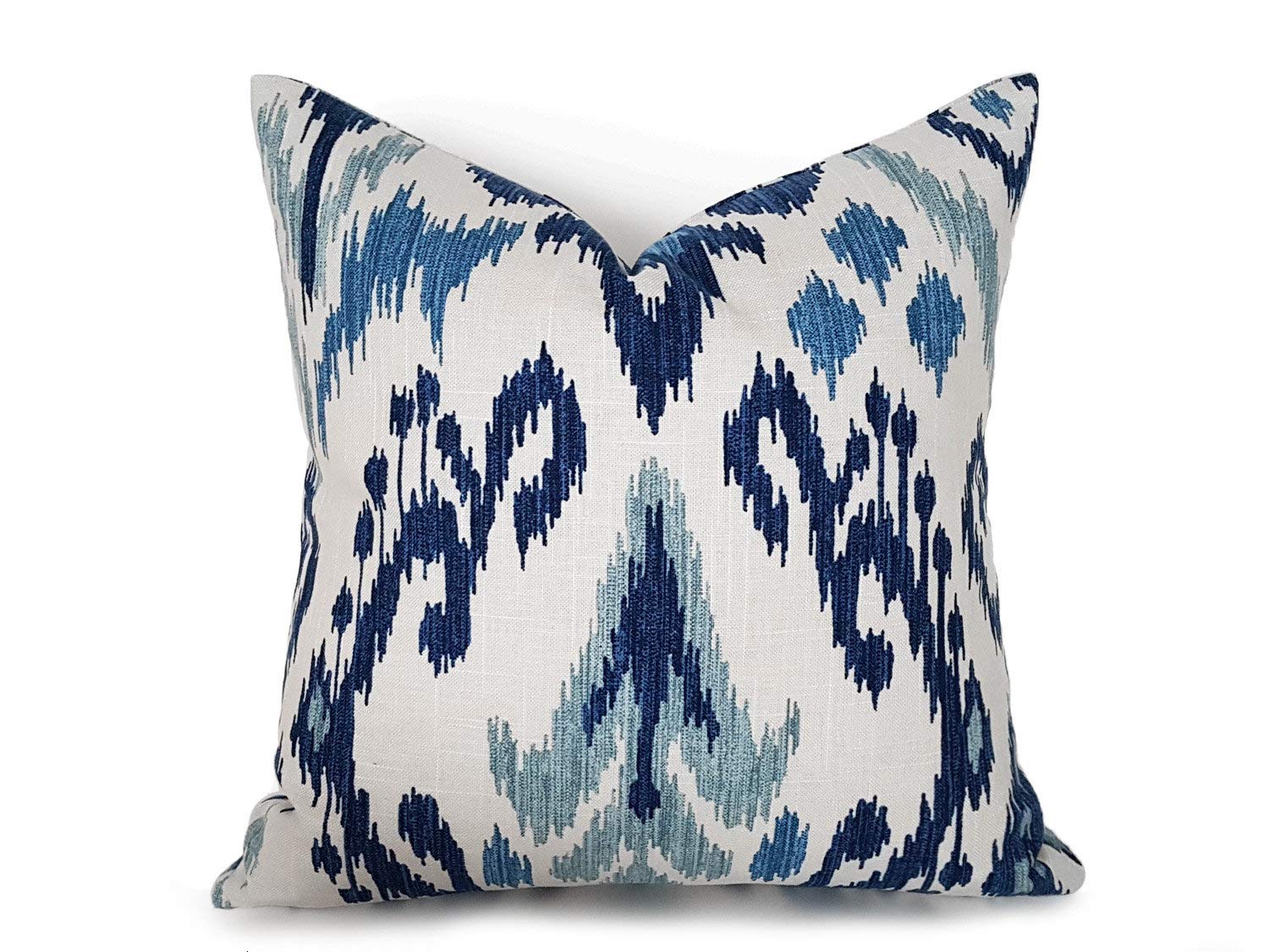 Blue Ikat Pillow Covers 26x26 Inch - Navy Cream Cotton Linen for Sofa Decor