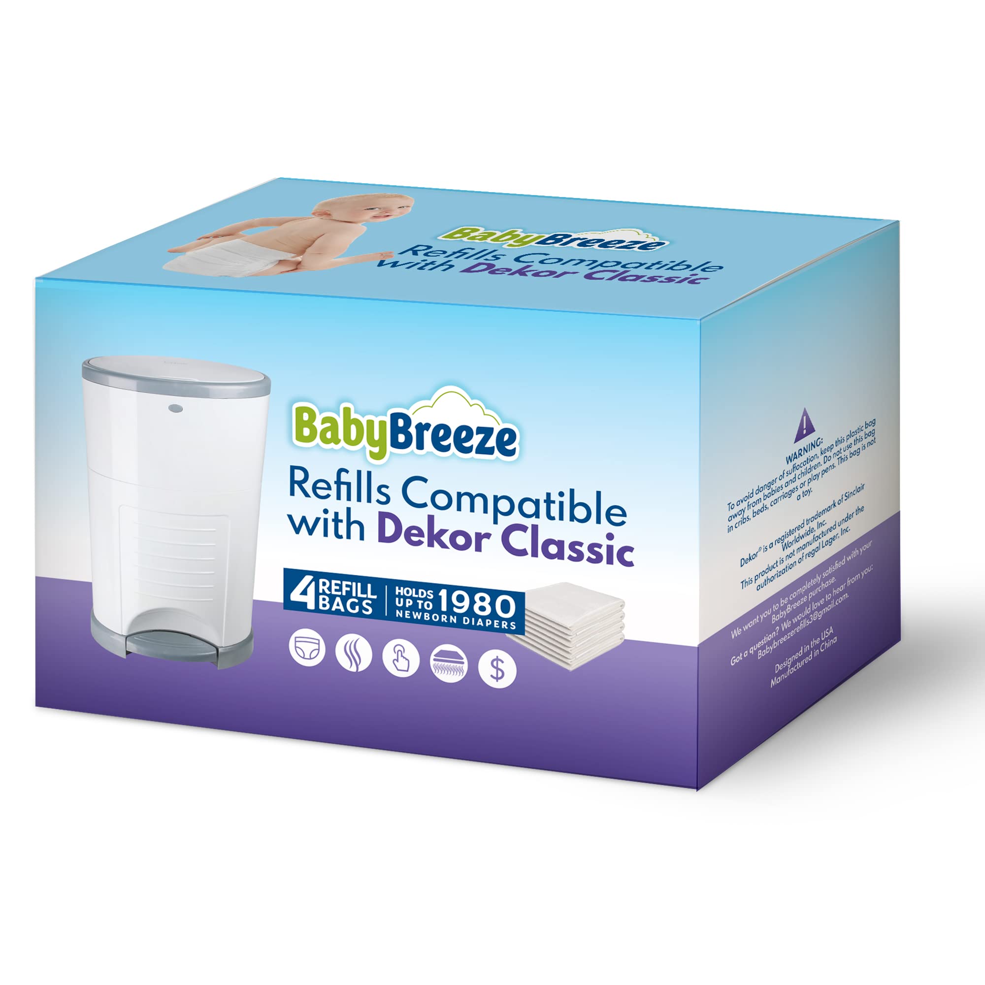 Dekor Classic Diaper Pail Refill Bags - 4 Pack | 1980 Diaper Capacity | Heavy Duty & Scented with Baby Powder | Perfect for Nursery, Daycare & Travel Use