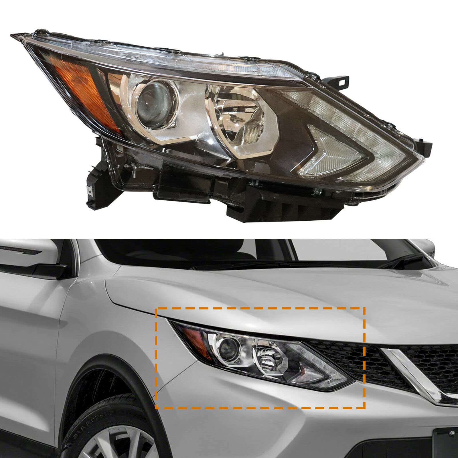 2017-2018-2019 Nissan Rogue Sport Right Passenger Side Halogen Headlight Replacement - High Performance Car Headlamp for Night Driving & Foggy Conditions