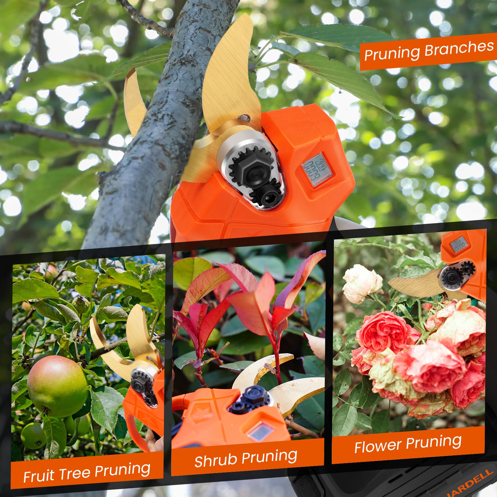 HARDELL 21V Cordless Electric Pruning Shears with LCD Display - Brushless Motor Tree Branch Cutter with 2 Rechargeable Batteries & Replacement Blade - Perfect for Gardening, Landscaping, and Tree Trimming