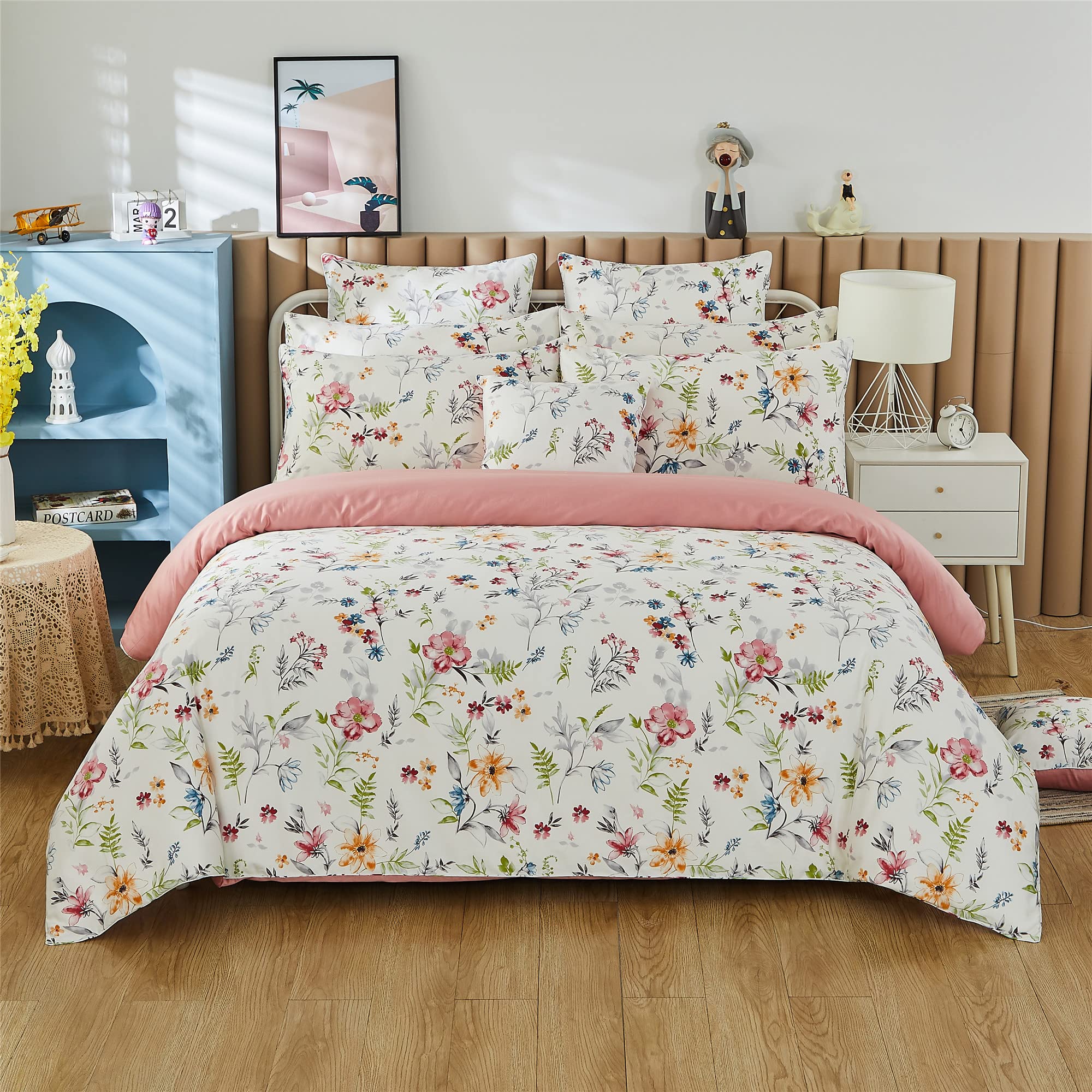 FADFAY Queen Size Duvet Cover Set - 3Pcs 100% Egyptian Cotton 800 Thread Count Soft Botanical Farmhouse Bedding with Hidden Zipper | Shabby Chic White Floral Design for Elegant Bedroom Decor | Perfect for Master Bedroom, Guest Room & Farmhouse Style Homes