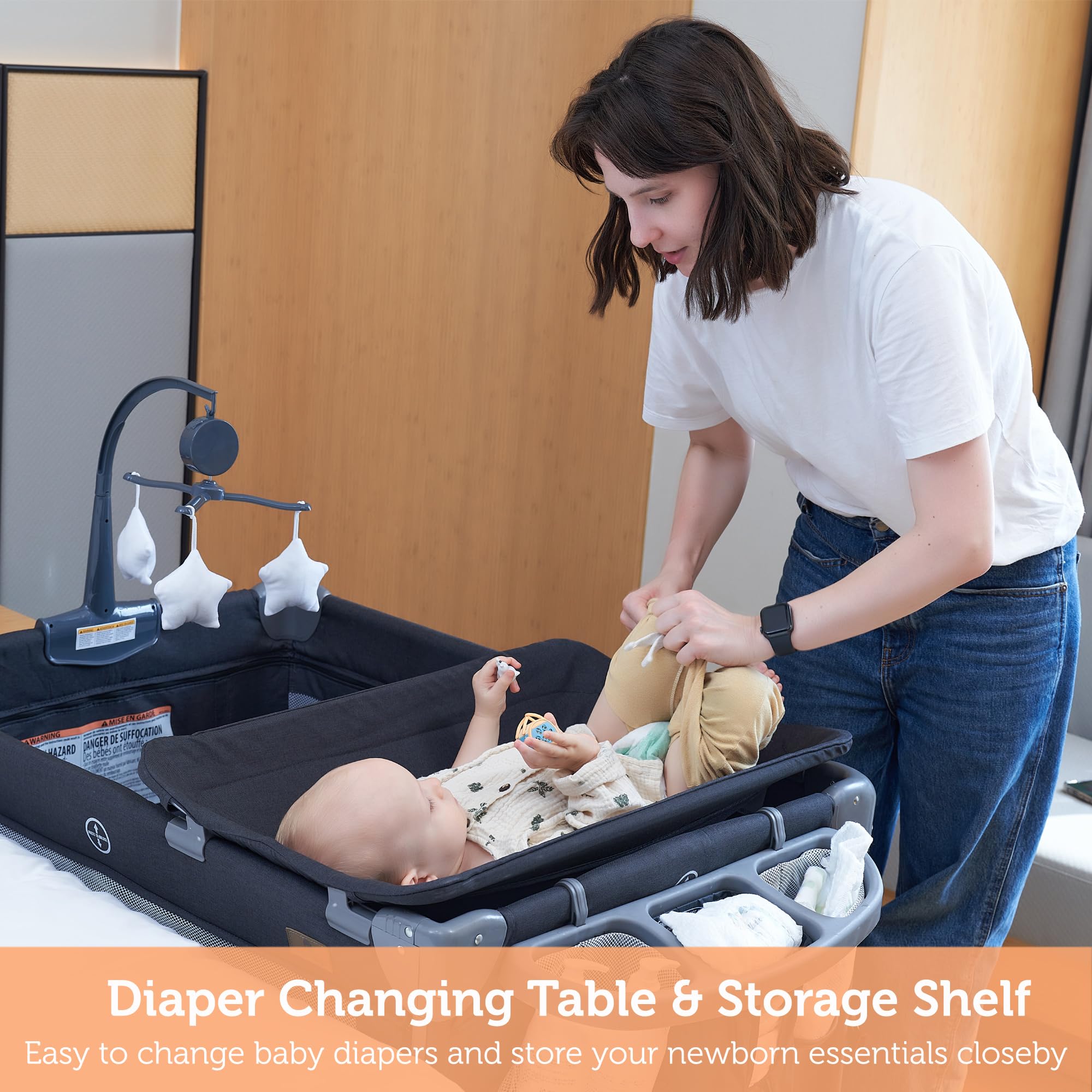 5 in 1 Baby Bedside Sleeper & Playard with Bassinet, Mattress & Storage - Portable Crib for Newborn to Toddler (Dark Grey/Light Gray) - Perfect for Nursery, Bedroom & Travel