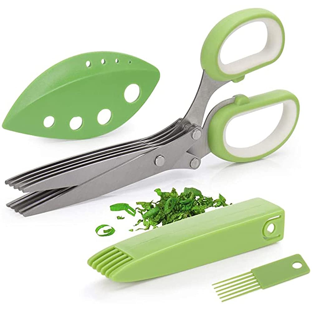 5-Blade Multipurpose Kitchen Shears - Heavy Duty Herb Scissors, Food Chopper & Mincer with Protective Cover - Perfect for Cutting Herbs, Vegetables, Meat & More | Includes Cleaning Brush & Leaf Peeler | Ideal for Home Cooking, Meal Prep & Professional Kitchens - BY ZZYY