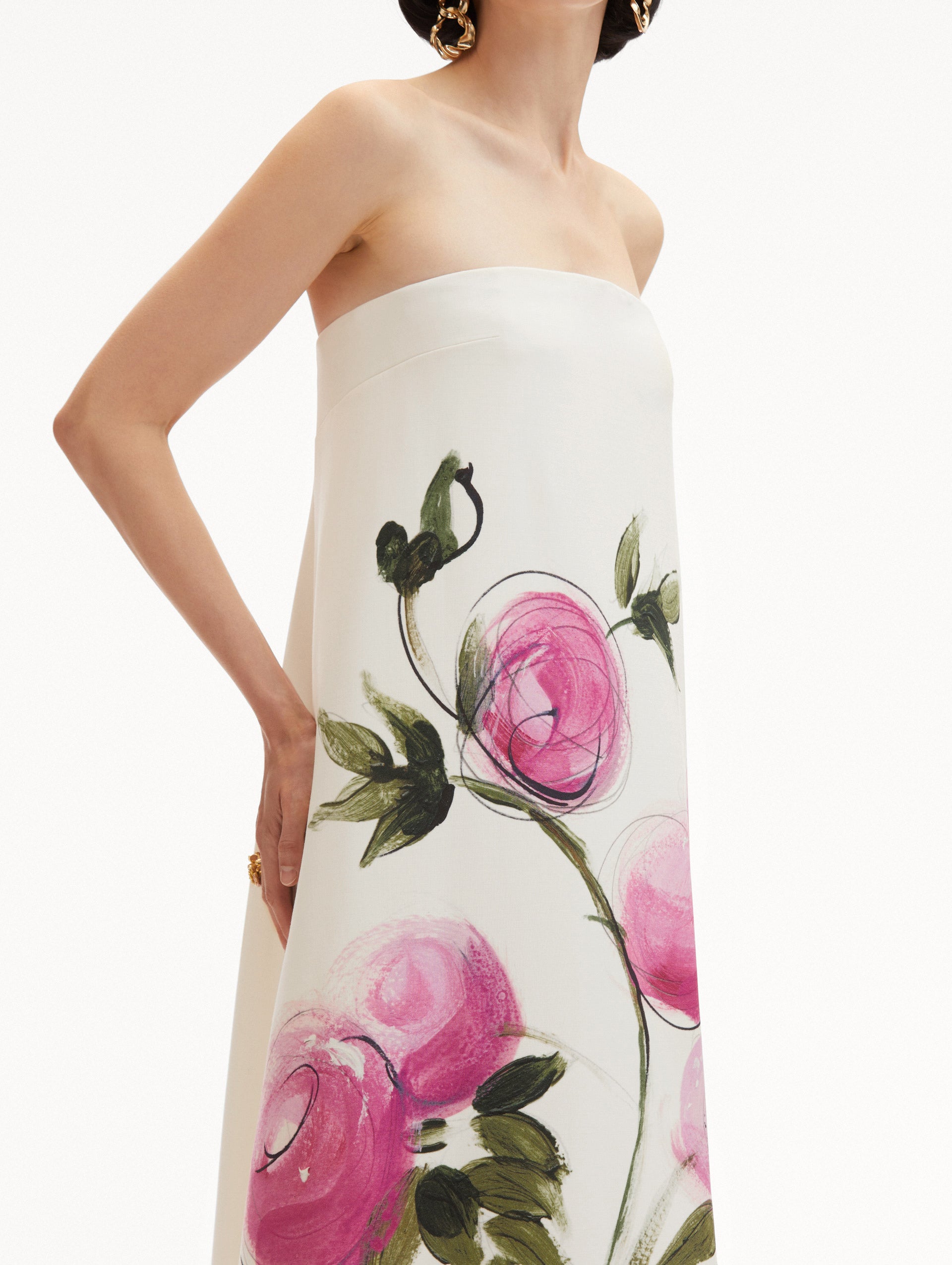 Elegant Painted Roses Strapless Evening Gown - Floral Print Formal Dress for Prom, Wedding & Special Occasions