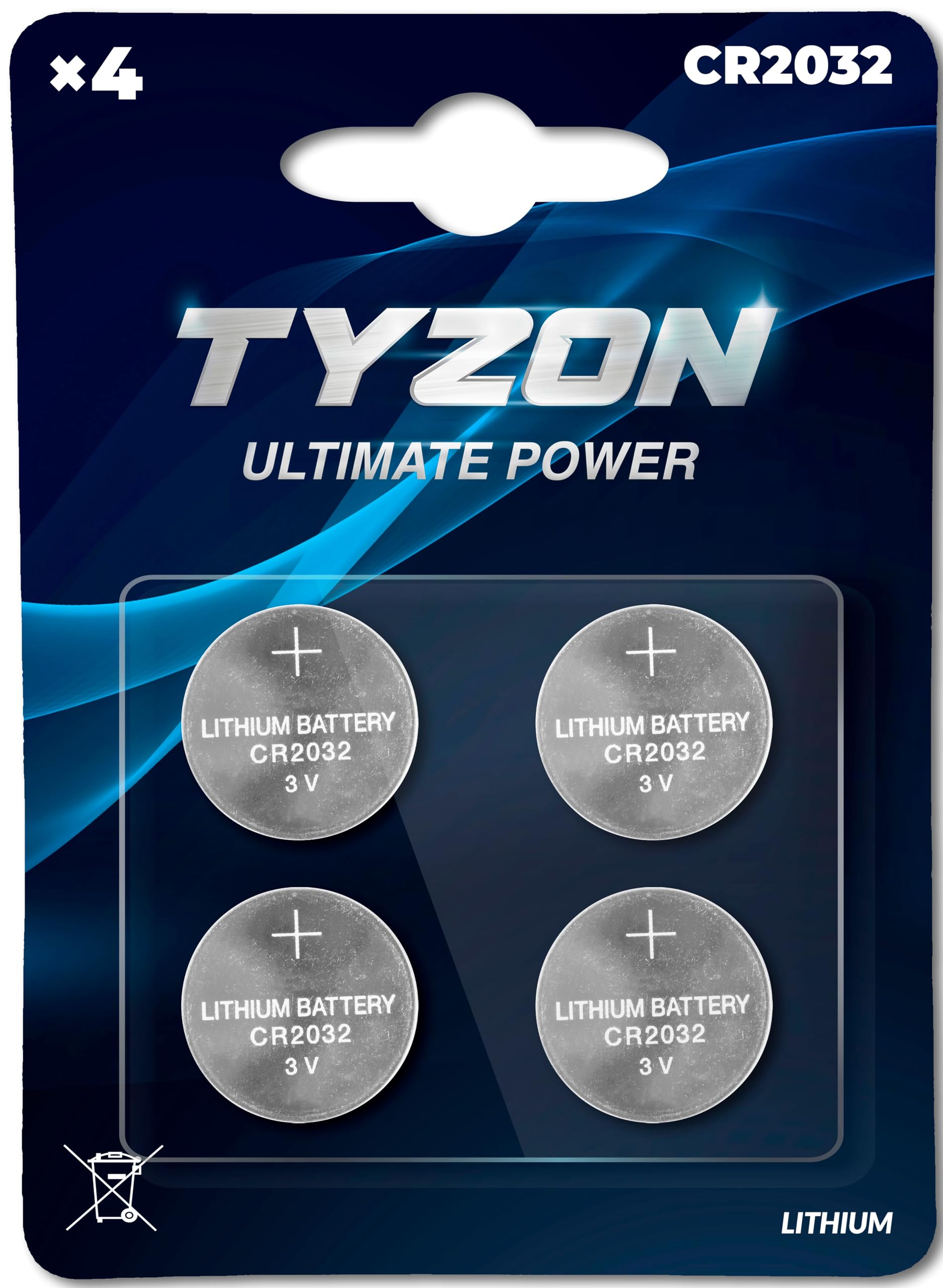 Tyzon CR2032 Lithium Batteries 4-Pack - Long Lasting 3V Coin Cell Batteries for Watches, Key Fobs, Calculators & Electronics - Ideal for Home, Office & Travel Use