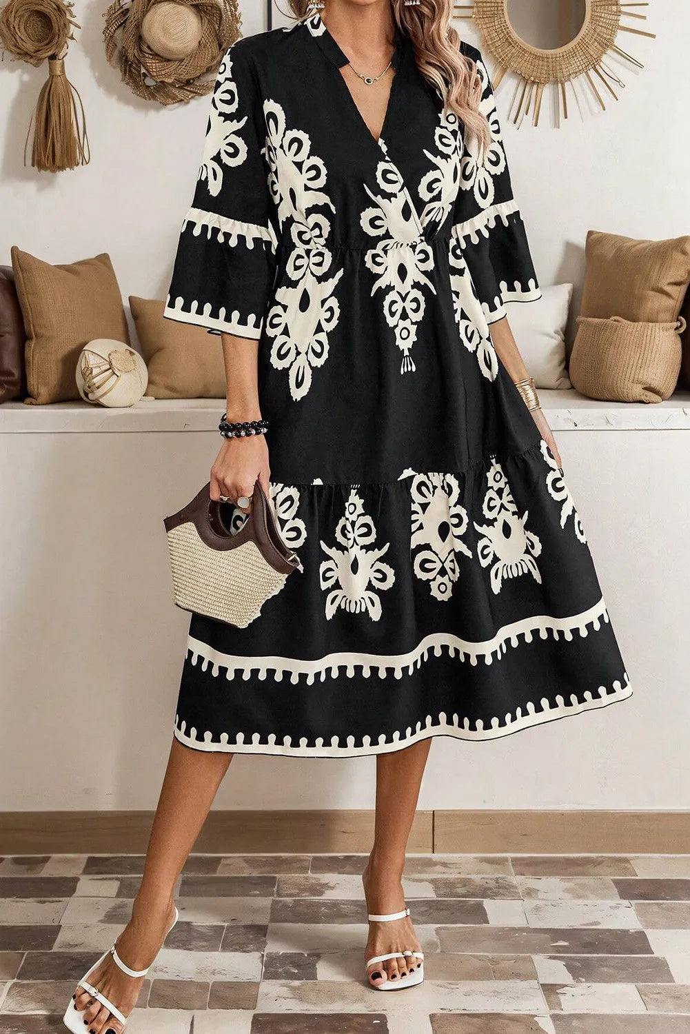 Floral Printed Half Sleeve Midi Dress for Women - Summer Casual & Party Wear - A-Line Flowy Dress for Brunch, Beach, Vacation & Date Night