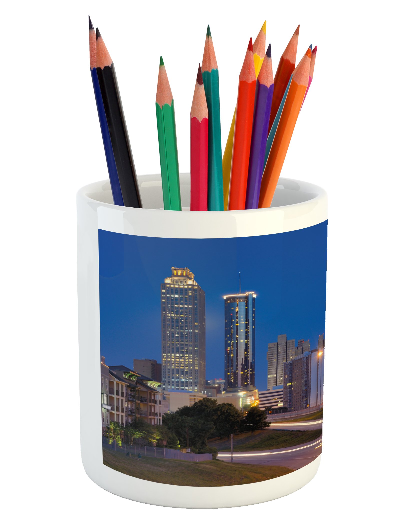 Lunarable Ceramic Pen Holder - Cosmopolitan Cityscape with Skyscrapers at Night in Atlanta Georgia, Printed Office Desk Accessory - Perfect for Home Office, School & Gift Giving