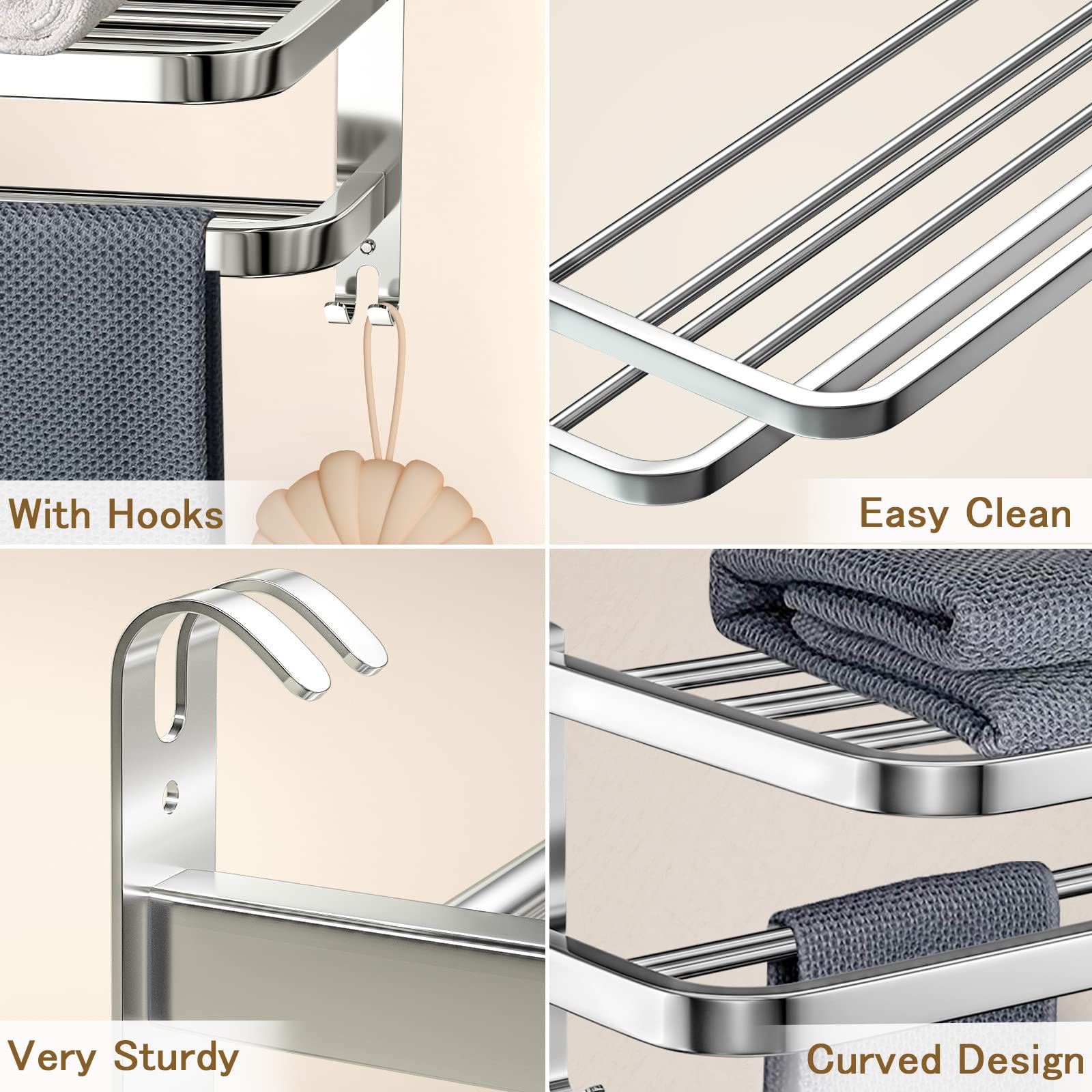 Stainless Steel Bathroom Towel Rack with Double Bars & Hooks - 15 Inch Wall Mounted Shelf for Hotel & Home Bathroom Organization - Perfect for Spa, Guest Rooms & Luxury Bath Decor