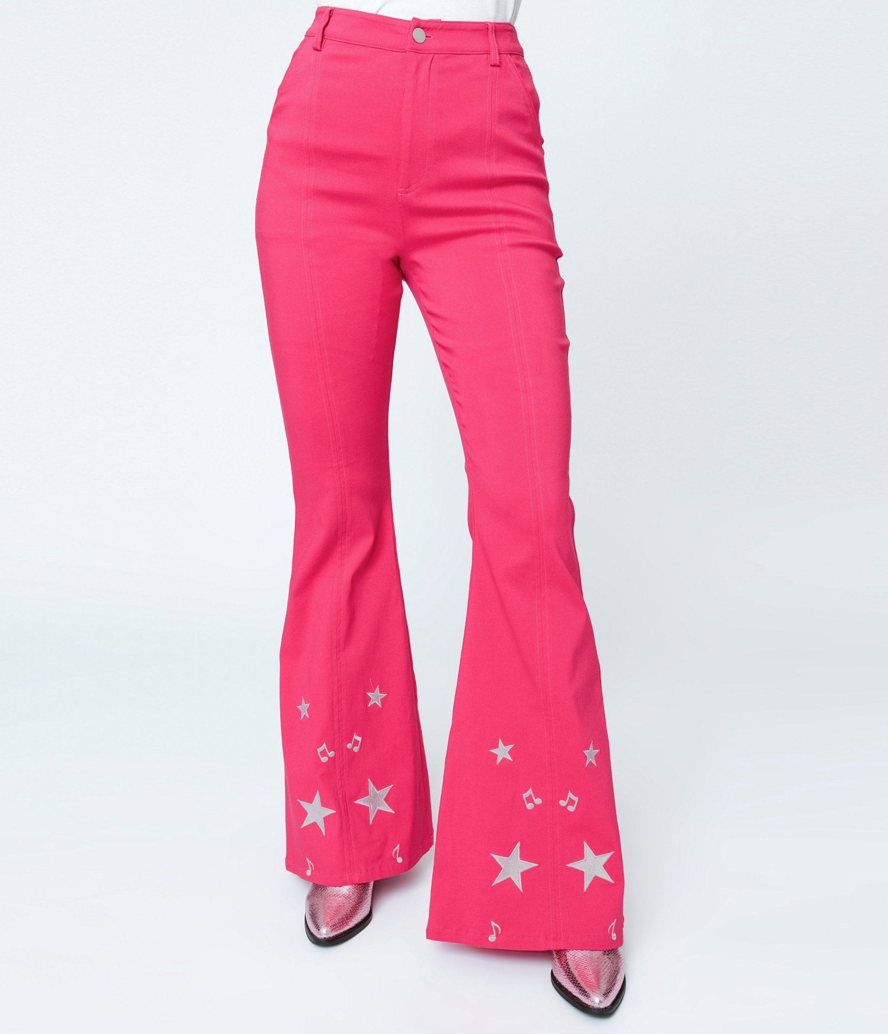 Vintage 1970s Pink Glitter Star Flare Pants - Retro Disco Party Pants for Women, 70s Inspired High Waisted Bell Bottom Trousers - Perfect for Halloween Costume, Themed Parties & Vintage Fashion Lovers