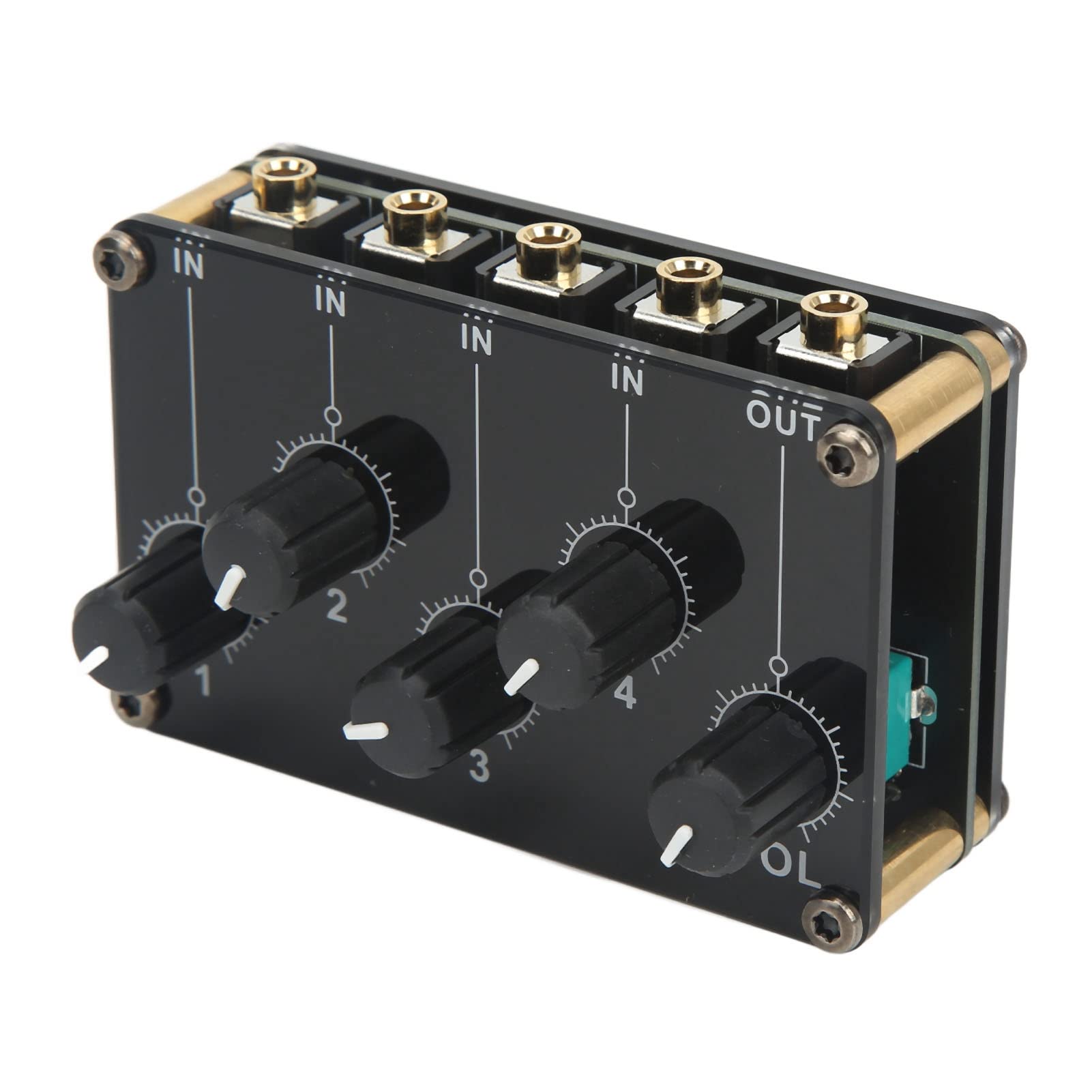 Demeras Mini Sound Board Console - 4 Input 1 Output Portable Audio Mixer with Acrylic Metal Knob Control | Home Studio & DJ Mixing Equipment