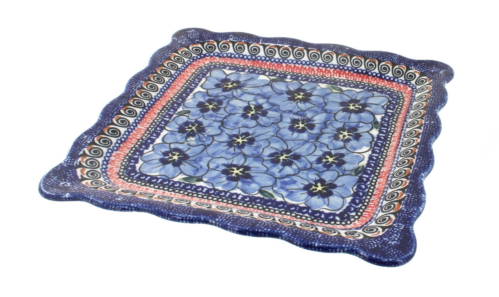 Handmade Polish Pottery Blue Rose Square Lunch Plate - Elegant Dinnerware for Home, Restaurants & Special Occasions