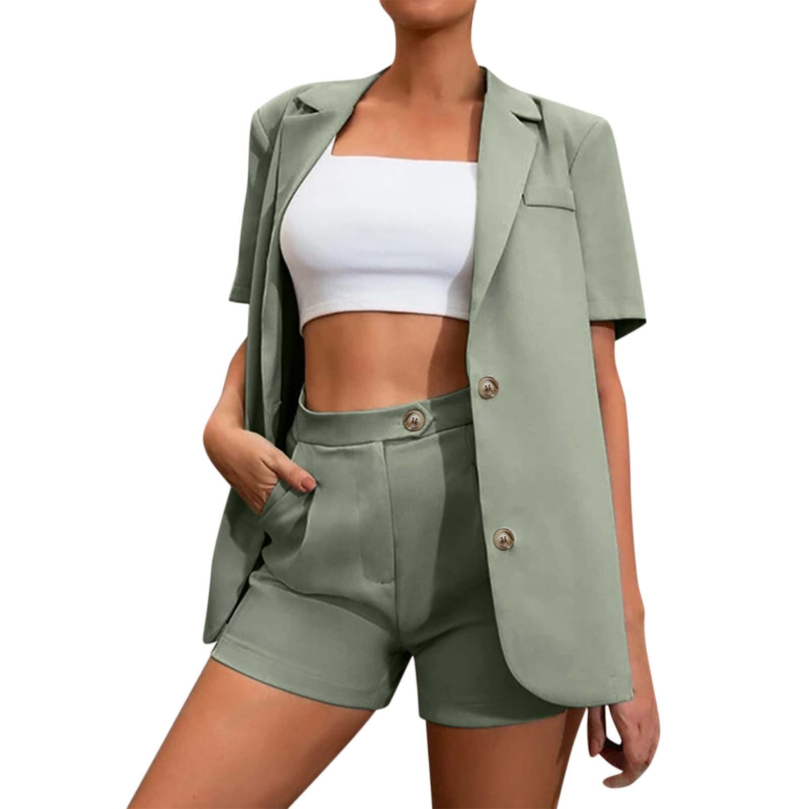 Women's 2-Piece Swimwear Set - Short Sleeve Cropped Top & Matching Shorts | Elegant Office to Beach Cover-Up | Perfect for Swimming, Vacation & Business Casual Wear