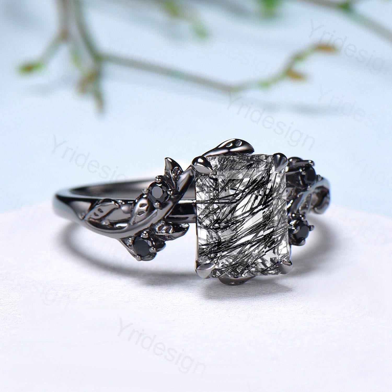 Black Gold Rutilated Quartz Engagement Ring - Emerald Cut Twig Vine Design with Spinel Cluster, Elegant Promise Gift for Her, Perfect for Weddings, Anniversaries & Special Occasions