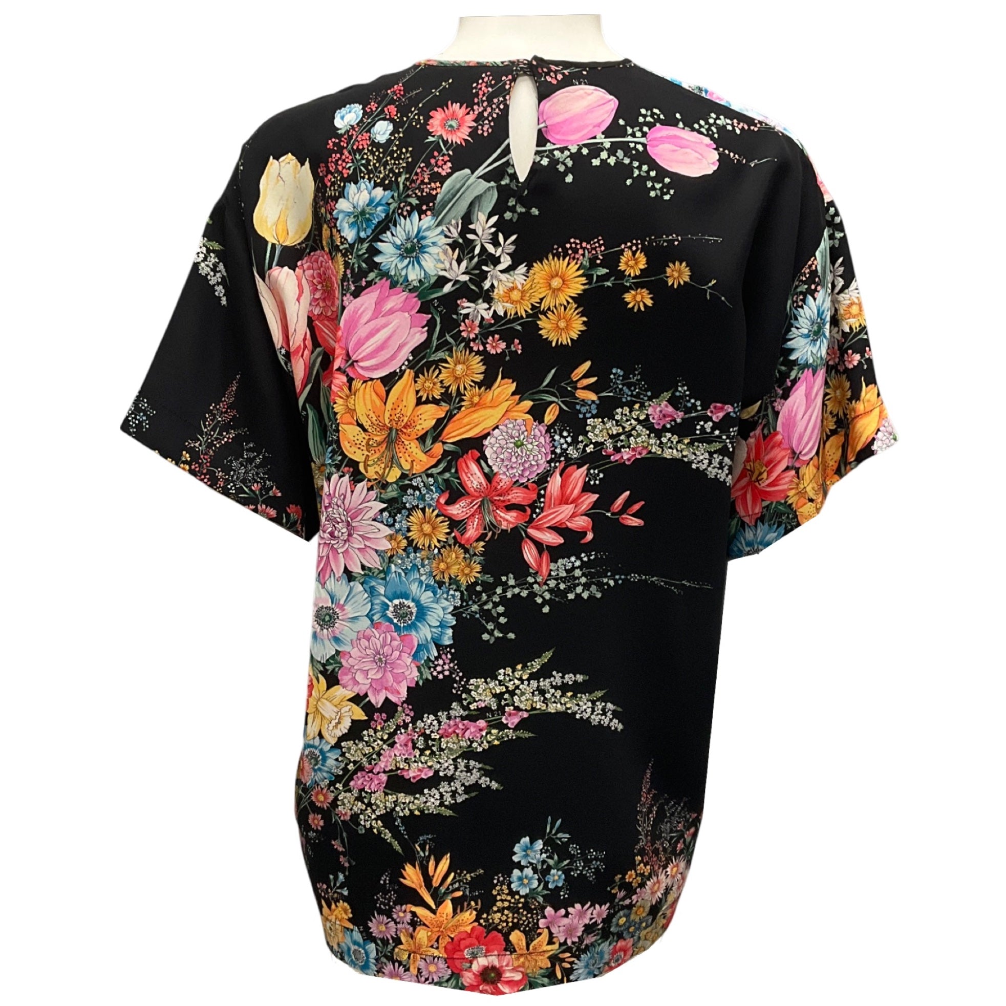 No. 21 Black Multi Floral Print Silk Blouse for Women - Elegant Party Wear & Office Attire